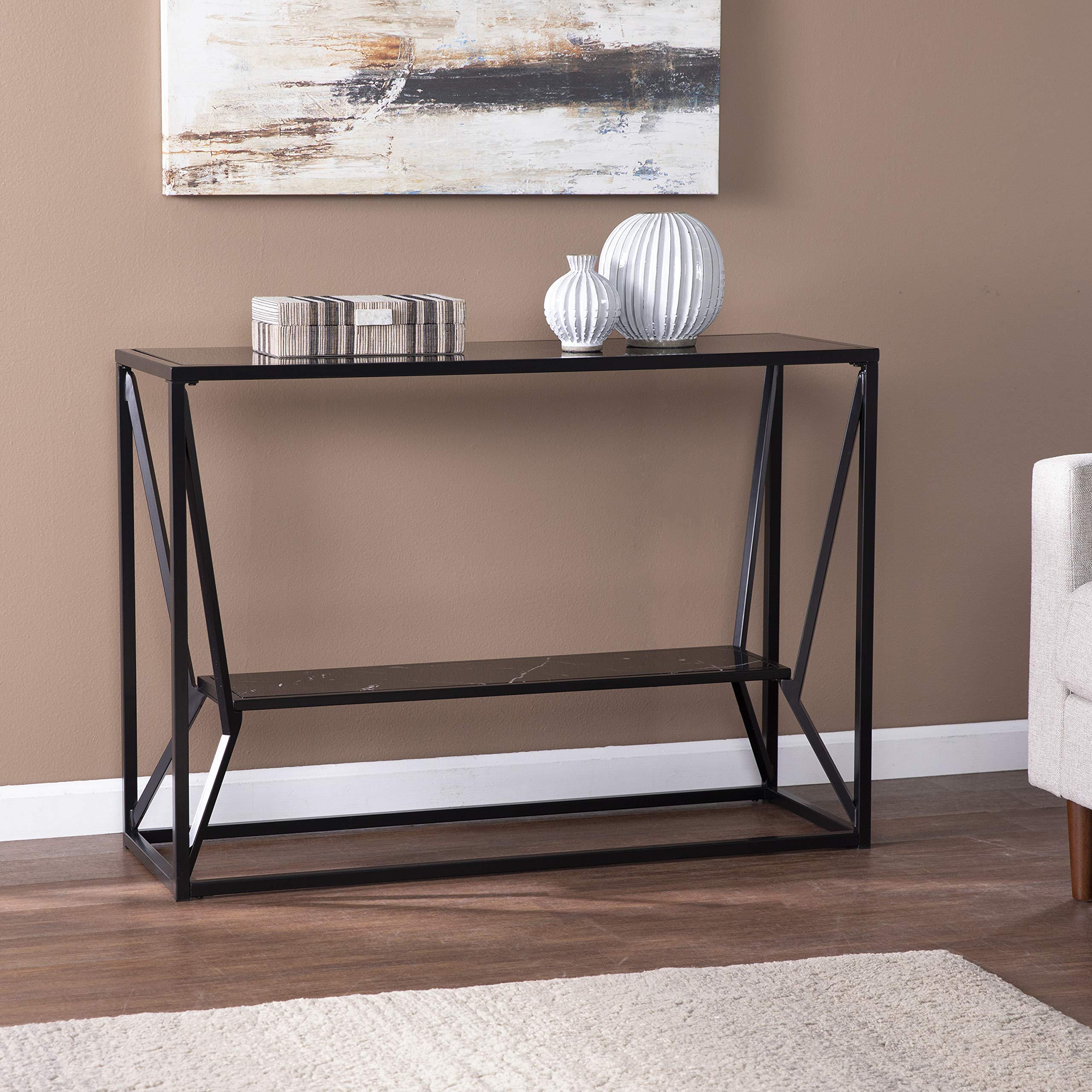 Argall Long Glass-Top Console Table - Modern Black Entryway Furniture for Hallway, Living Room & Office Decor | Sleek Glass & Metal Design