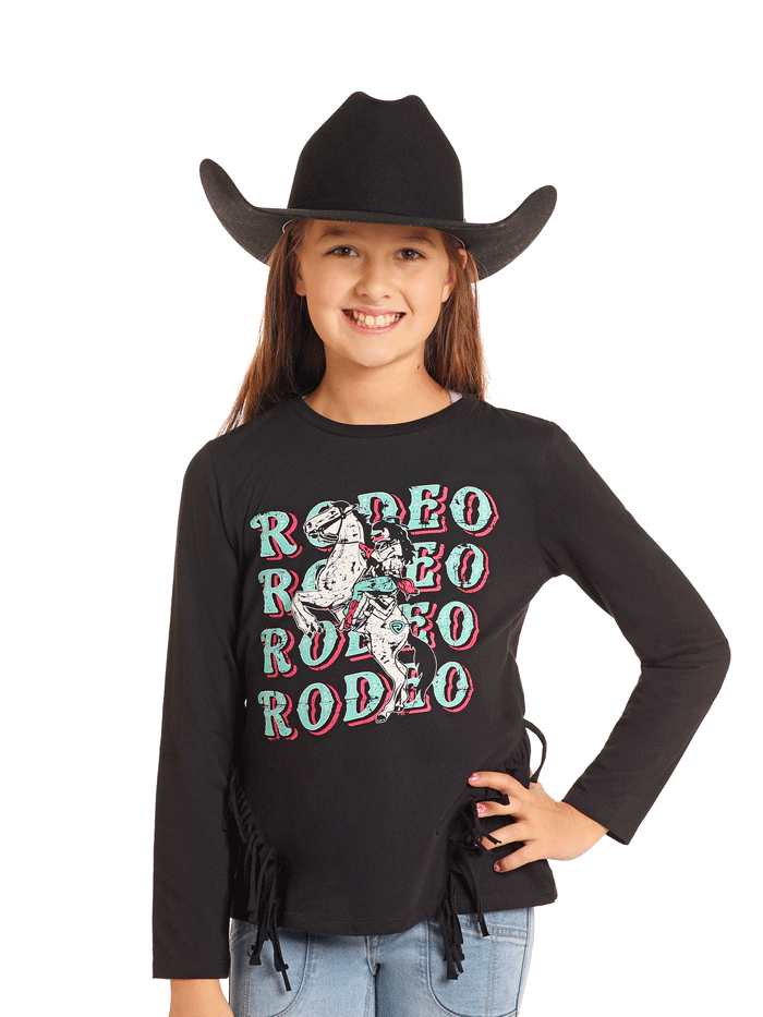 Rock & Roll Denim BG22T04984 Kids Long Sleeve Graphic Tee With Fringe - Black Cotton T-Shirt for Boys & Girls | Casual Wear, Birthday Gift, Concert Outfit