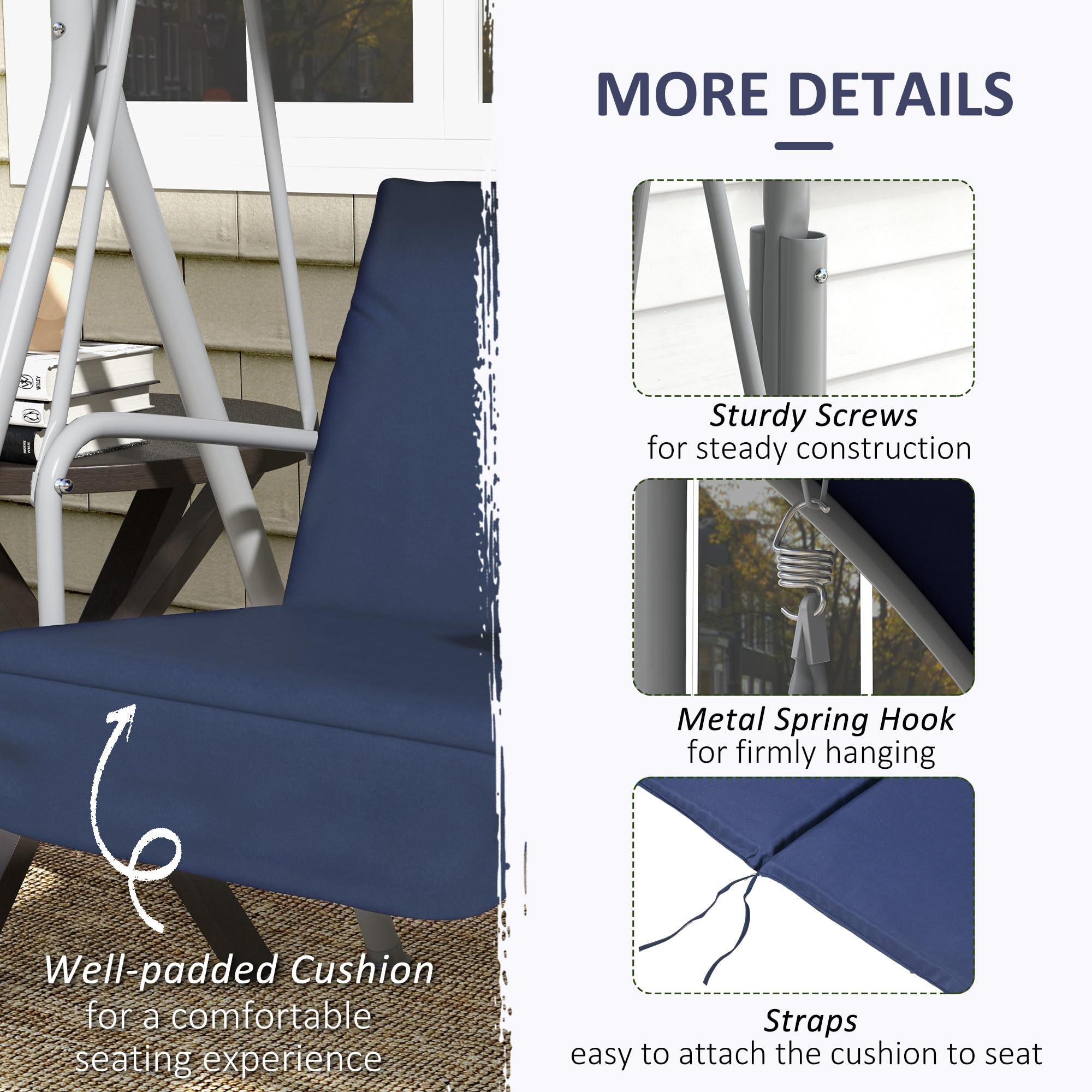Outsunny 2-Person Outdoor Porch Swing with Stand & Canopy - Patio Swing with Pivot Storage Table, 2 Cup Holders & Cushions - Dark Blue - Perfect for Backyard Relaxation, Garden Lounging & Outdoor Conversations