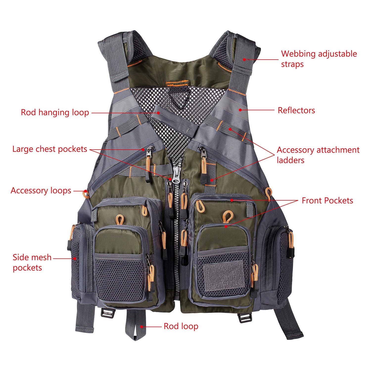 BASSDASH Adjustable Fishing Vest for Men & Women - Lightweight & Breathable for Fly Fishing, Bass Fishing & Outdoor Activities - Perfect for Hiking, Camping & Water Sports