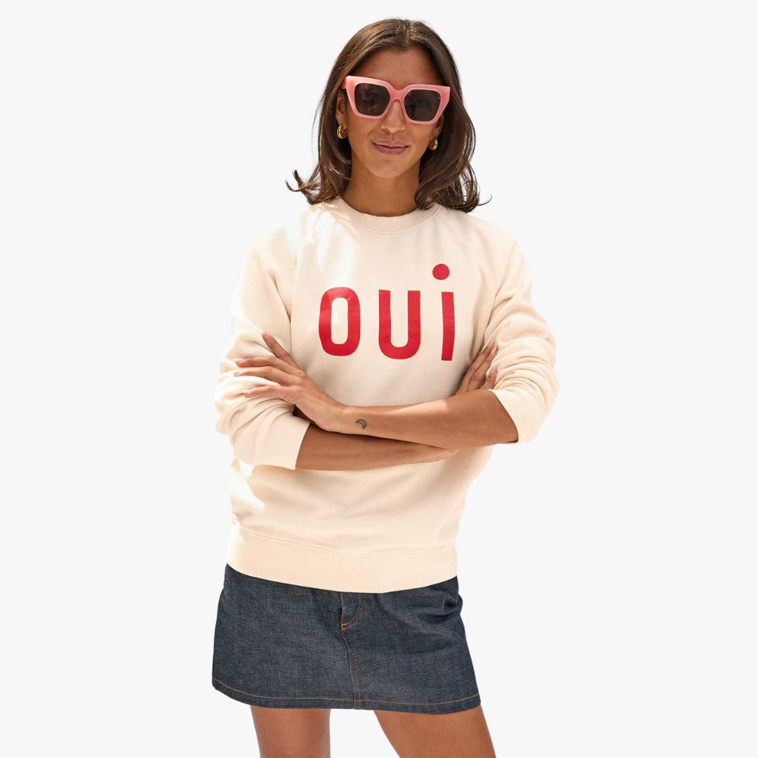 Oui Sweatshirt Women's Casual Pullover - Soft Cream French-Inspired Knit Sweater | Perfect for Fall Layering, Coffee Dates & Weekend Outfits