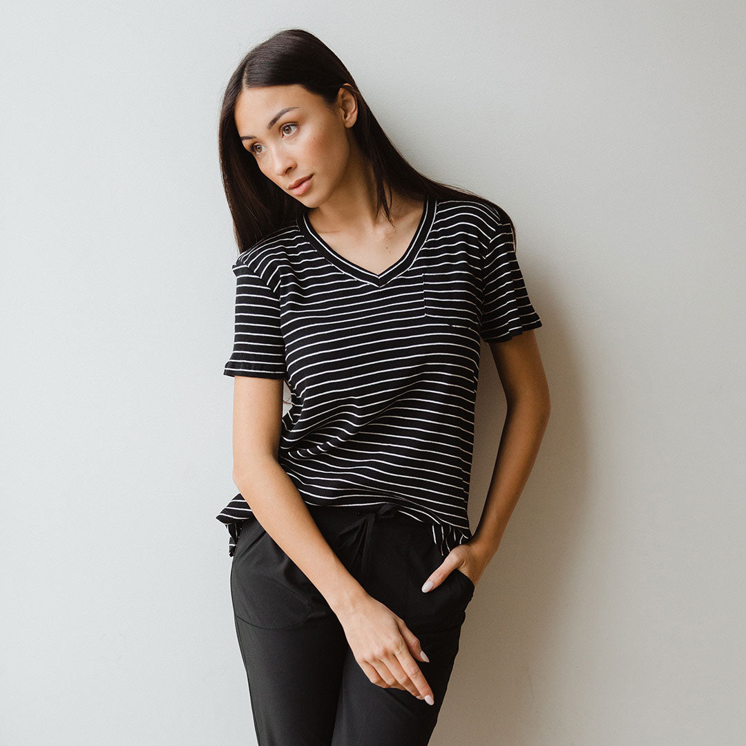 Chunky Black and White Striped V-Neck T-Shirt for Women - Soft Basic Tee for Casual Wear, Layering & Everyday Outfits