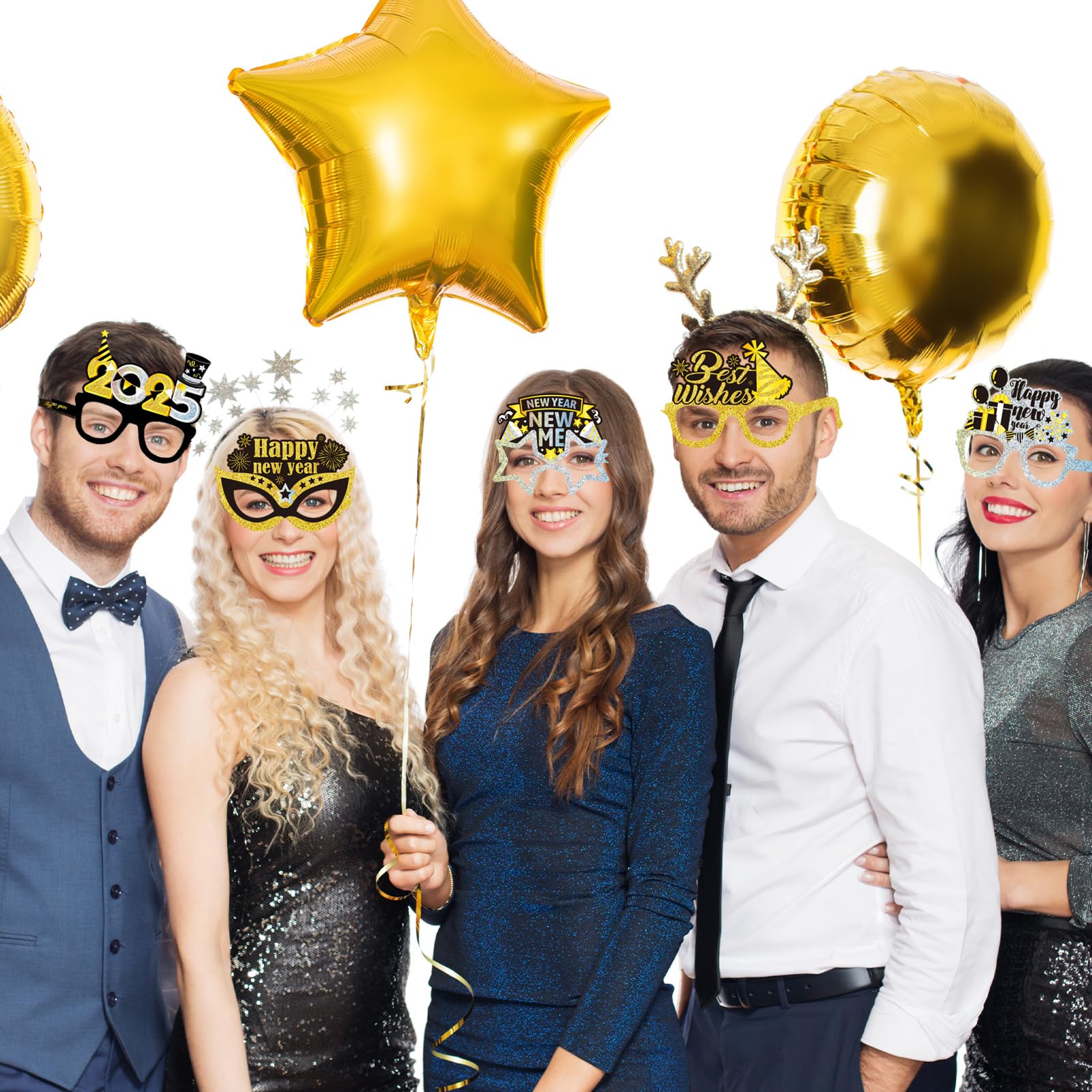 26Pcs Happy New Year 2025 Party Glasses - Black Gold Silver Funny Photo Booth Props & Eve Decoration Supplies for New Year's Eve Parties, Countdown Events & Celebrations