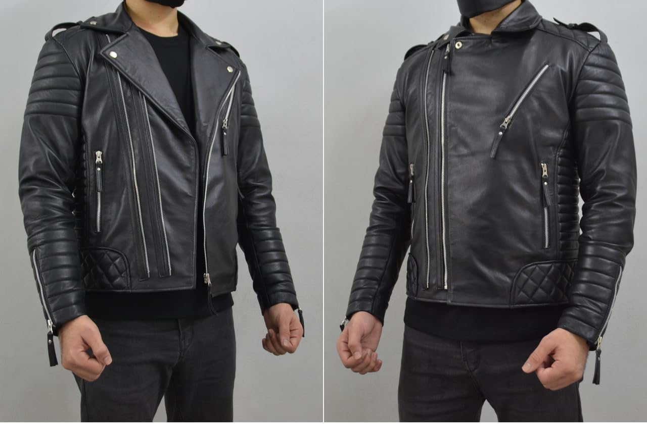 Men's Real Lambskin Leather Jacket - Slim Fit Biker Motorcycle Jacket for Men - Lightweight Black Leather Jacket for Riding, Casual Wear & Outdoor Adventures