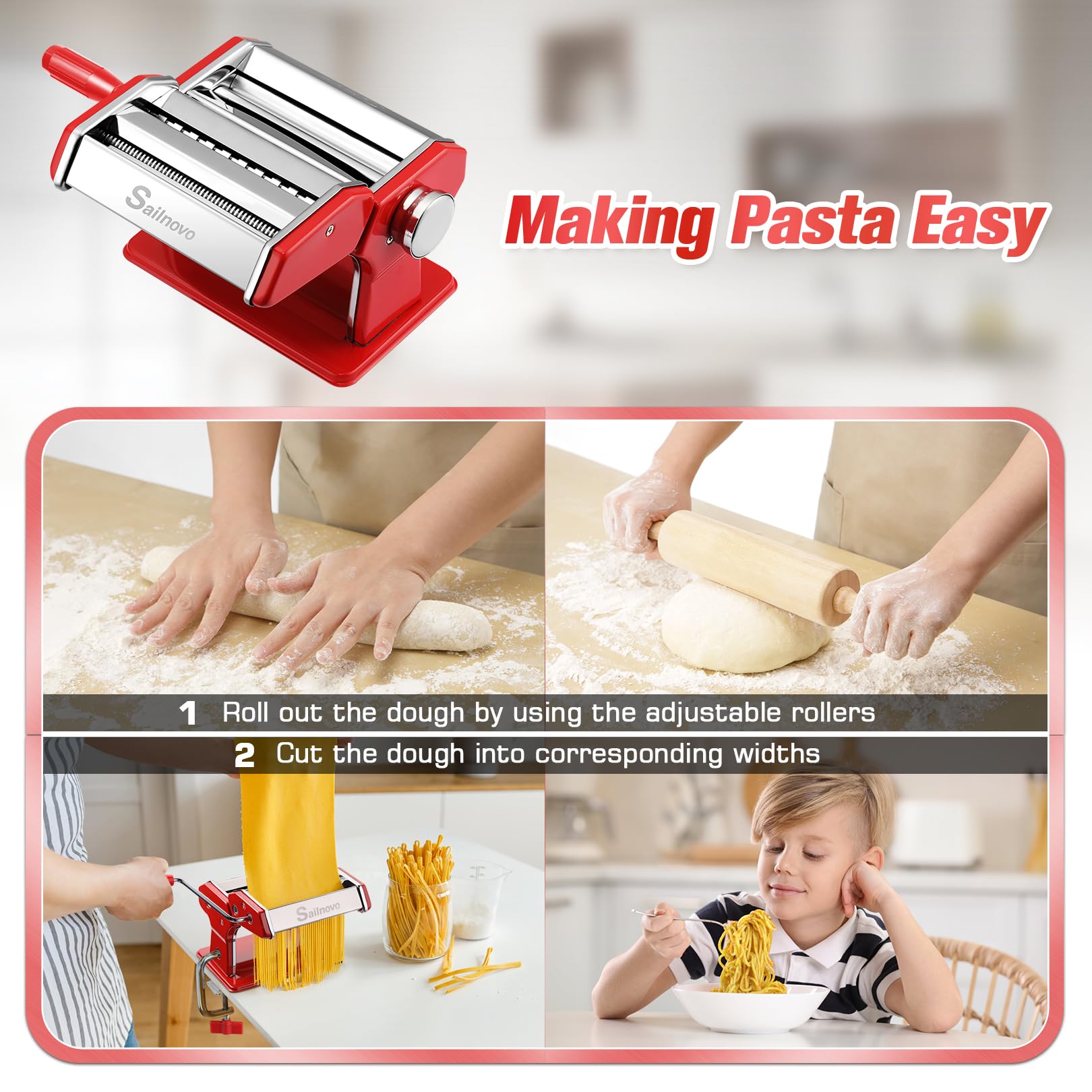 Sailnovo Electric Pasta Maker Machine - 180mm Aluminum Alloy Pasta Roller with 9 Thickness Settings & 2 Cutters - Professional Noodle Maker for Homemade Spaghetti, Fettuccine, Lasagna - Perfect for Italian Cooking, Family Dinners & Restaurant-Style Pasta Dishes