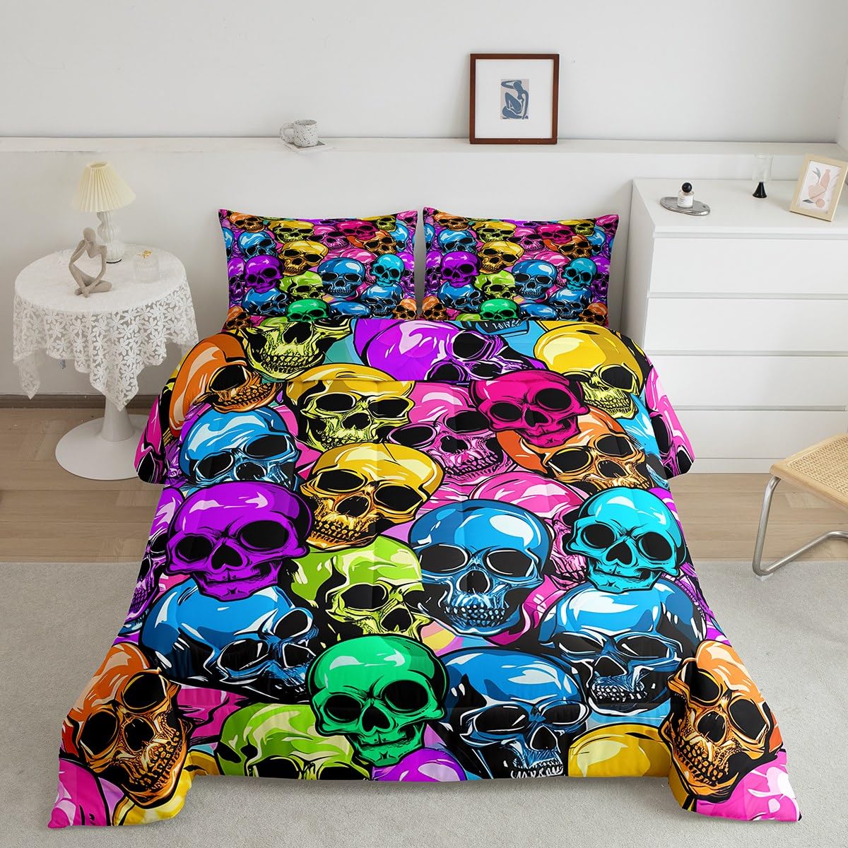 **Vibrant Sugar Skull Bedding Set - Gothic Skeleton Comforter with 2 Pillowcases - Queen Size Halloween Themed Bedroom Decor for Kids & Boys - Perfect for Spooky Room Makeovers & Themed Parties**