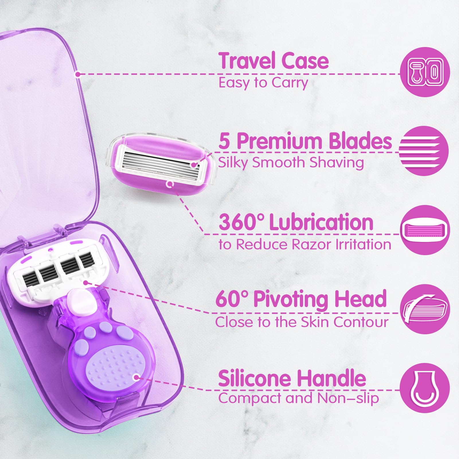 DreamGenius 5-Blade Women's Travel Razor with 2 Cartridges & Case - Ultra Smooth Shaving for Legs, Underarms & Bikini Line - Perfect for Vacation, Gym & On-The-Go Grooming (Purple)