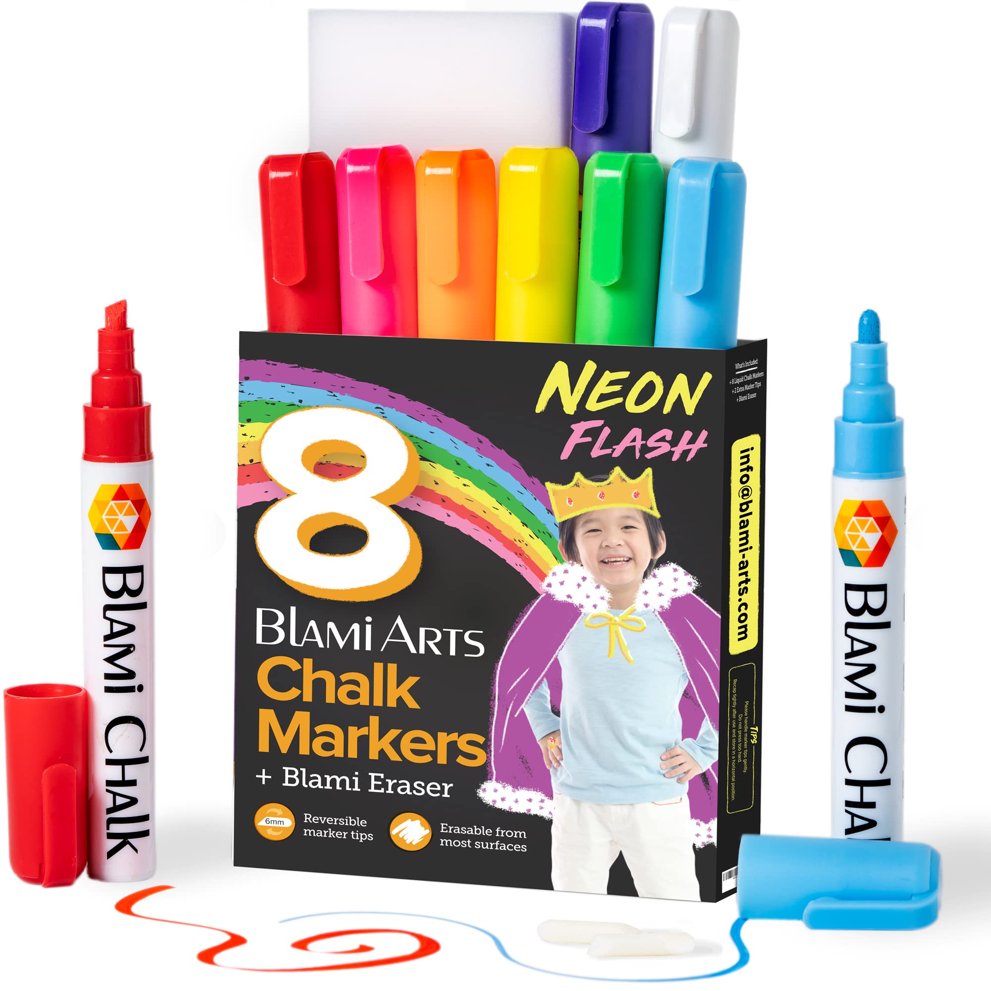 Blami Arts 8 Pack Neon Chalk Markers - Non-Toxic Water-Based Liquid Chalk Pens with Reversible Tips & Erasing Sponge - Vibrant Chalkboard Markers for Kids, Restaurants, Signs & DIY Crafts