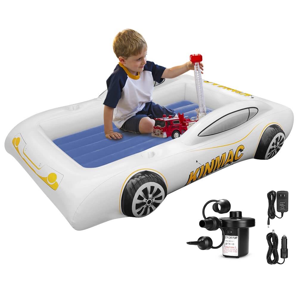 Inflatable Toddler Travel Bed - Portable Air Mattress for Kids Camping, Sleepovers & Road Trips | Racecar Design with Safety Sides | Blow Up Sleeping Pad for Indoor & Outdoor Use (Blue)