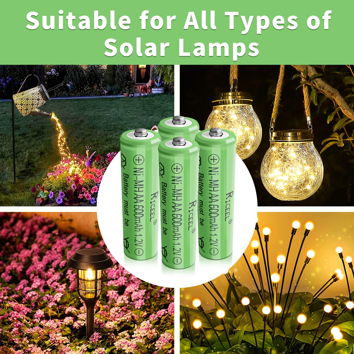 600mAh Rechargeable AA Batteries 1.2V - Solar Lights, Garden Lights & Household Devices - Long Lasting Double A Batteries for Outdoor & Indoor Use