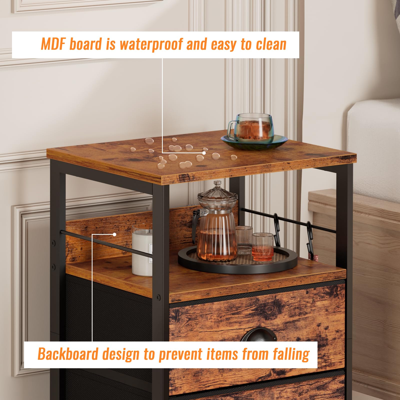 Furologee Nightstand Set of 2 - Modern Bedside Tables with 2 Fabric Drawers, Hooks & Shelf - Sturdy End Tables for Bedroom, Living Room, Study or Hallway - Brown Wood Finish - Perfect for Small Spaces & Apartment Decor