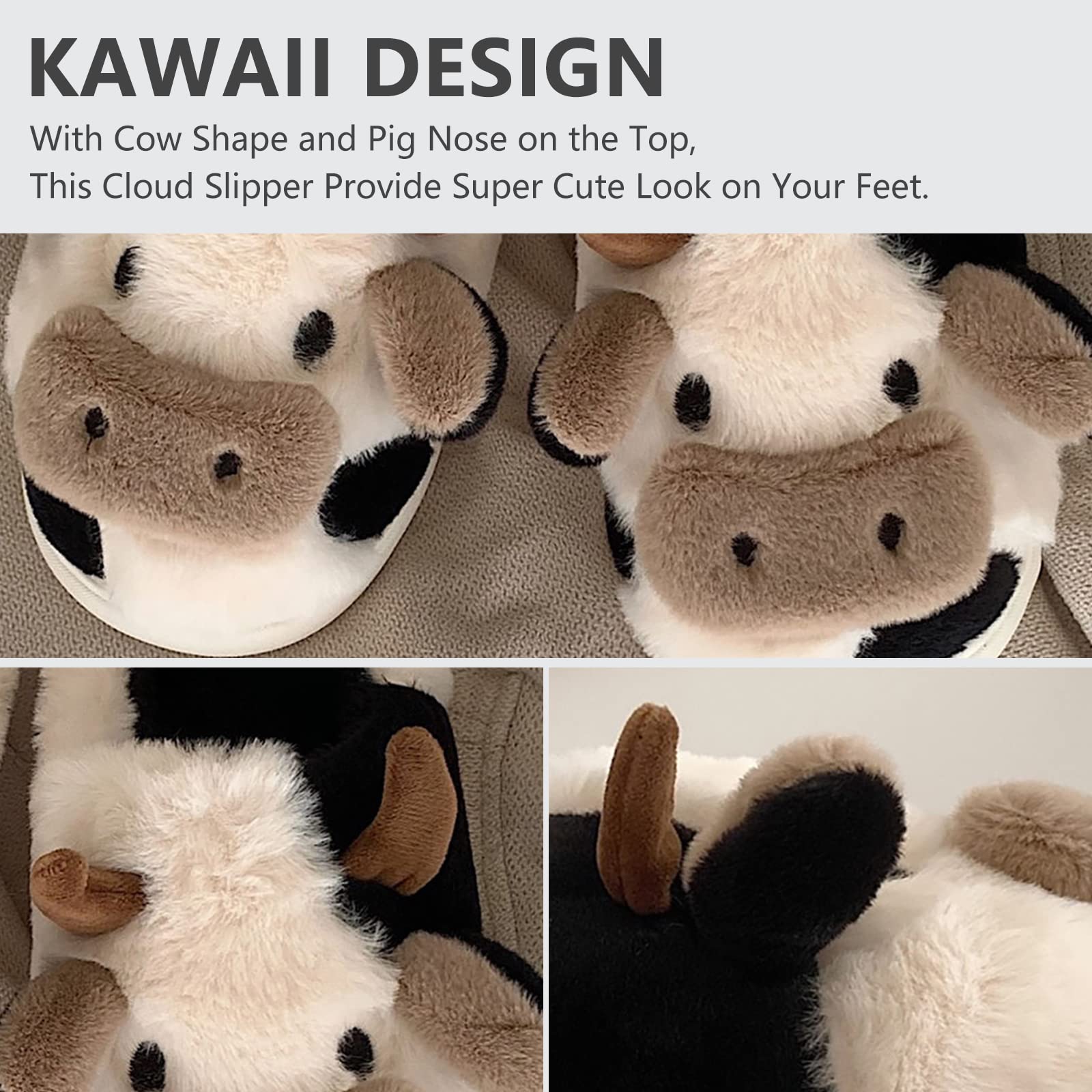 Cozy Cow Slippers for Women - Soft Fluffy Kawaii Animal Slippers with Thick Non-Slip Sole | Warm Indoor/Outdoor House Shoes for Winter, Lounge, Home, Dorm & Gift Giving