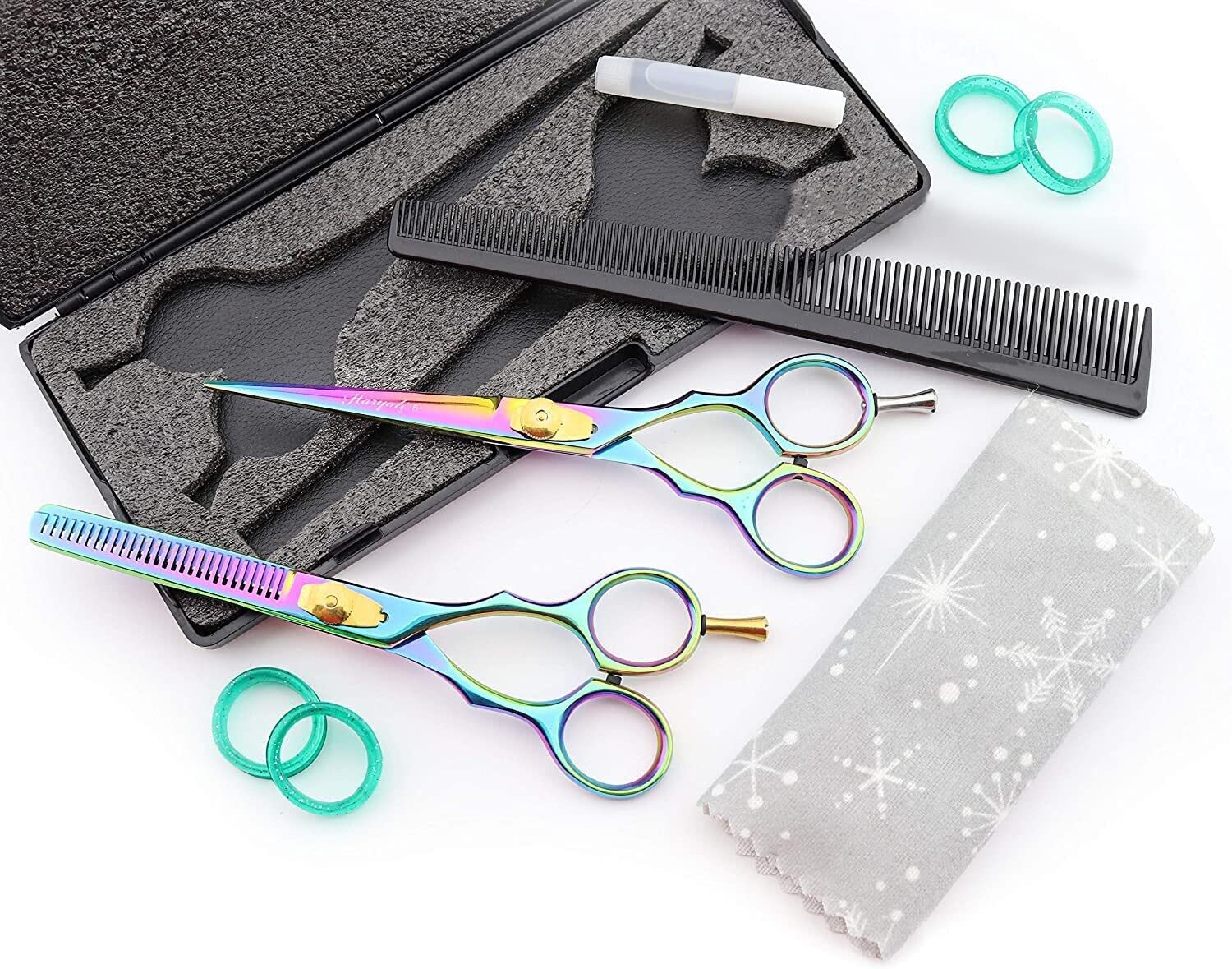 Haryali London Hair Thinning & Styling Shears for Barbers, Hairdressers - Includes Hair Clips, Scissor Oil, Finger Inserts & Comb in Gift Box - Perfect for Salon, Home & Professional Hair Cutting