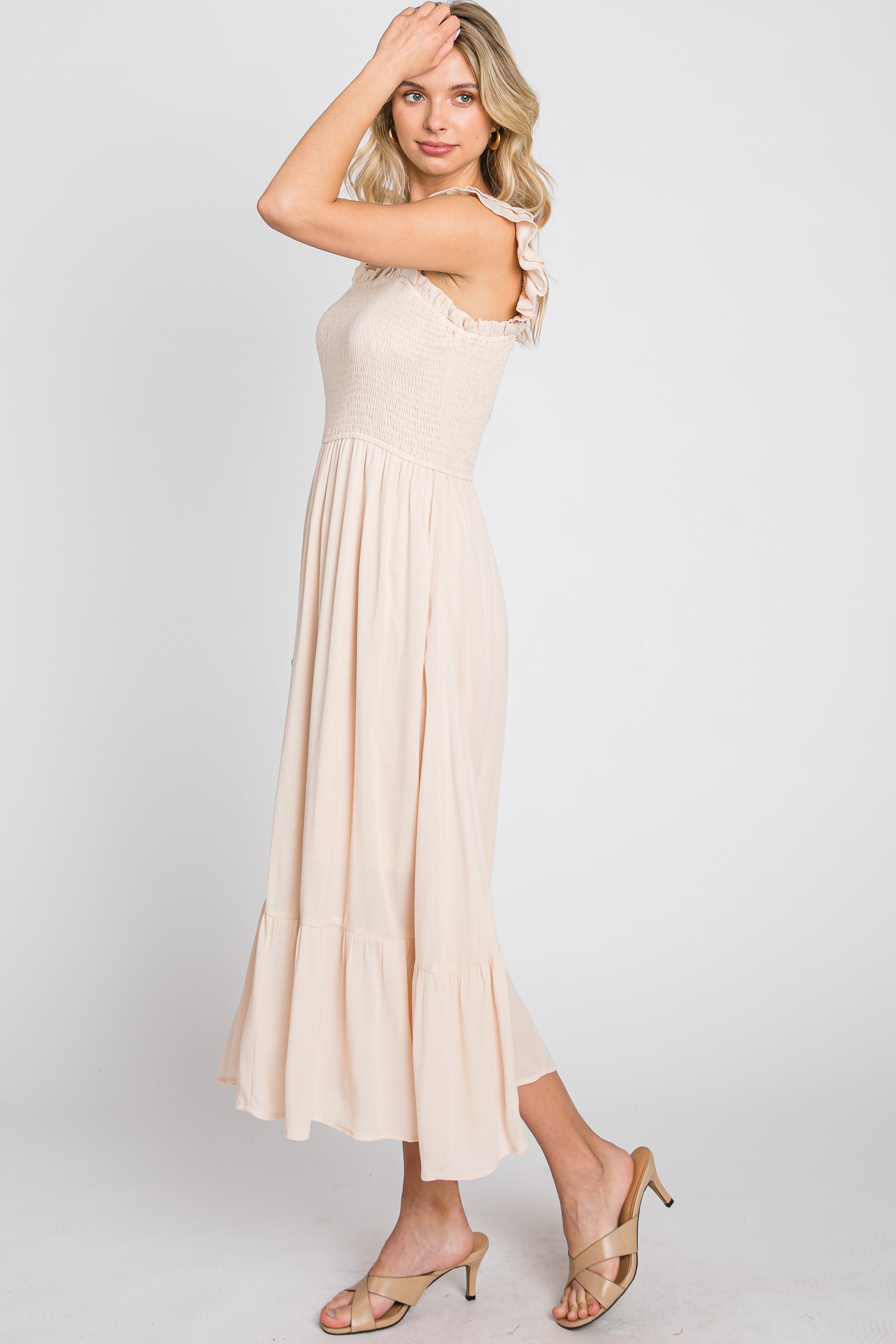 Beige Smocked Ruffle Sleeveless Midi Dress for Women - Summer Casual Beach Dress, Wedding Guest Outfit, Party & Vacation Wear