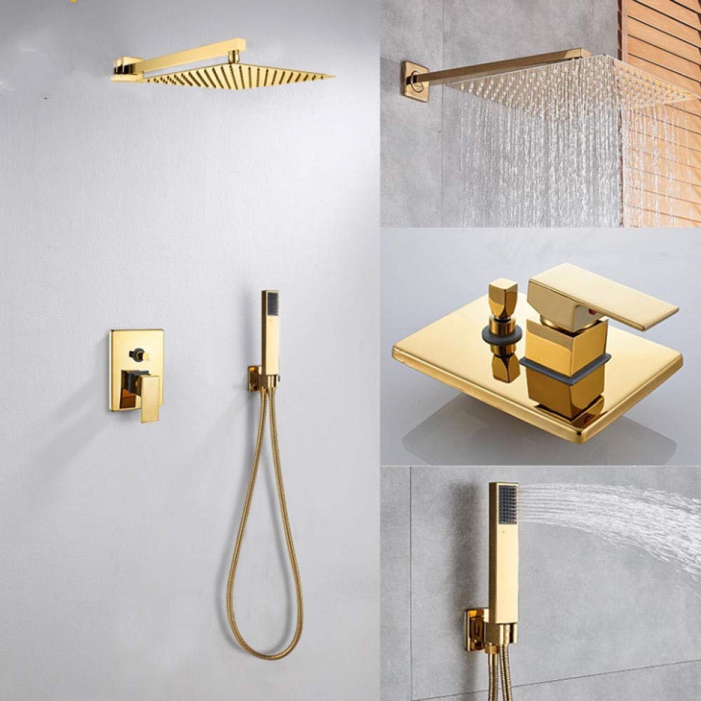Gold Wall Mount Shower Faucet Set - Ultra Thin Rainfall Showerhead with Hot & Cold Water Mixer Tap - Luxury Bathroom Shower Kit for Modern & Spa-Like Experience