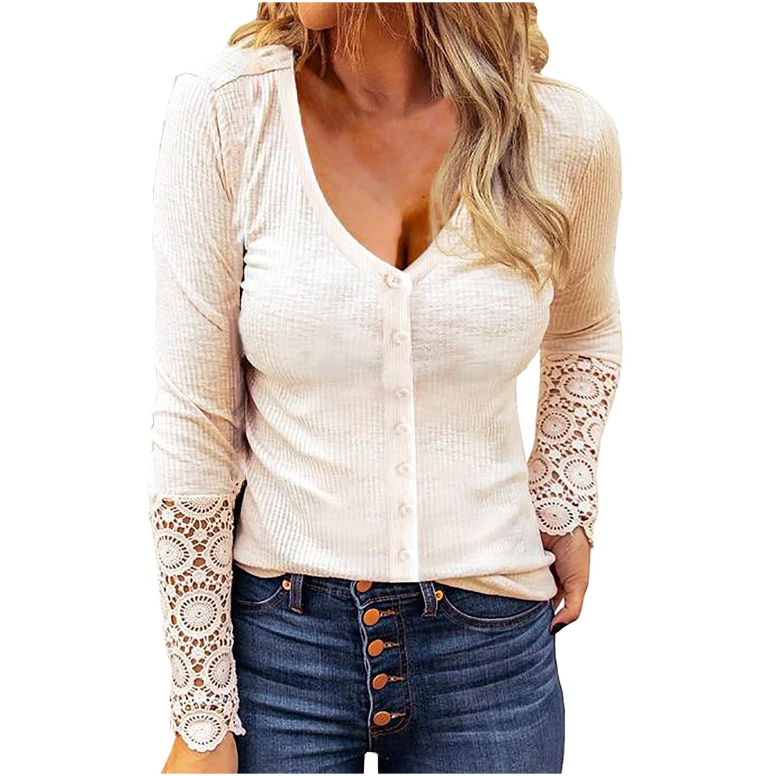 Trendy Fall V-Neck Waffle Knit Henley Top for Women - Casual Long Sleeve Pullover Blouse with Lace Patchwork & Button Up Design | Perfect for Autumn Outfits, Date Nights & Office Wear