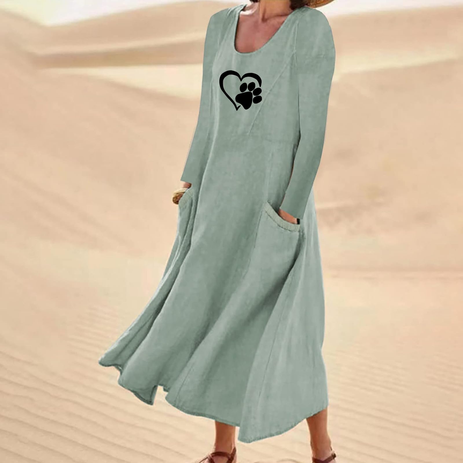 Yihaojia Women's Casual Long Sleeve Loose Cotton Linen A-Line Maxi Dress - Comfortable Fall & Winter Boho Style Outfit for Daily Wear, Work, Travel & Special Occasions