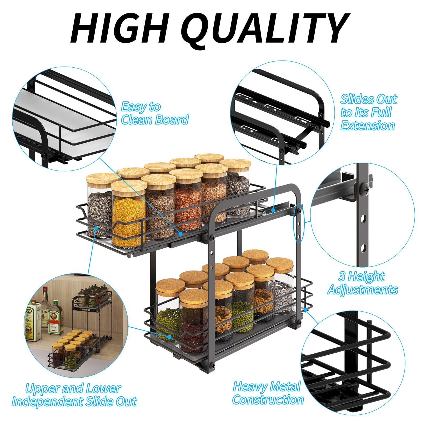 2-Tier Pull Out Spice Rack Organizer - Heavy Duty Metal Basket for Kitchen Cabinets & Pantry Closet - Space Saving Spice Storage Solution for Cooking & Baking Needs
