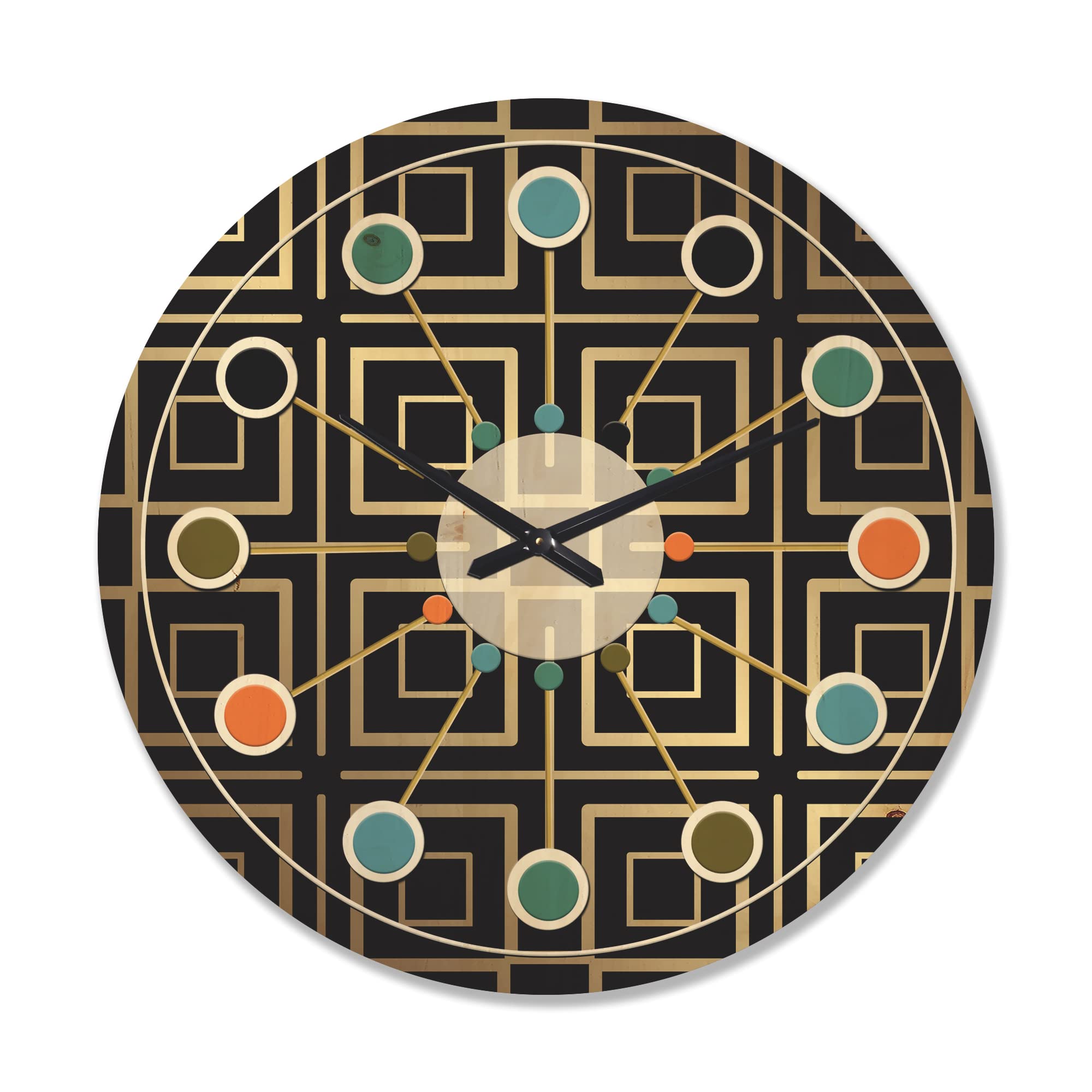 Metallic Golden Luxury Geometric Wall Clock - Large Mid-Century Modern Wooden Clock for Living Room, Bedroom & Office Décor | Oversized Decorative Wood Wall Art