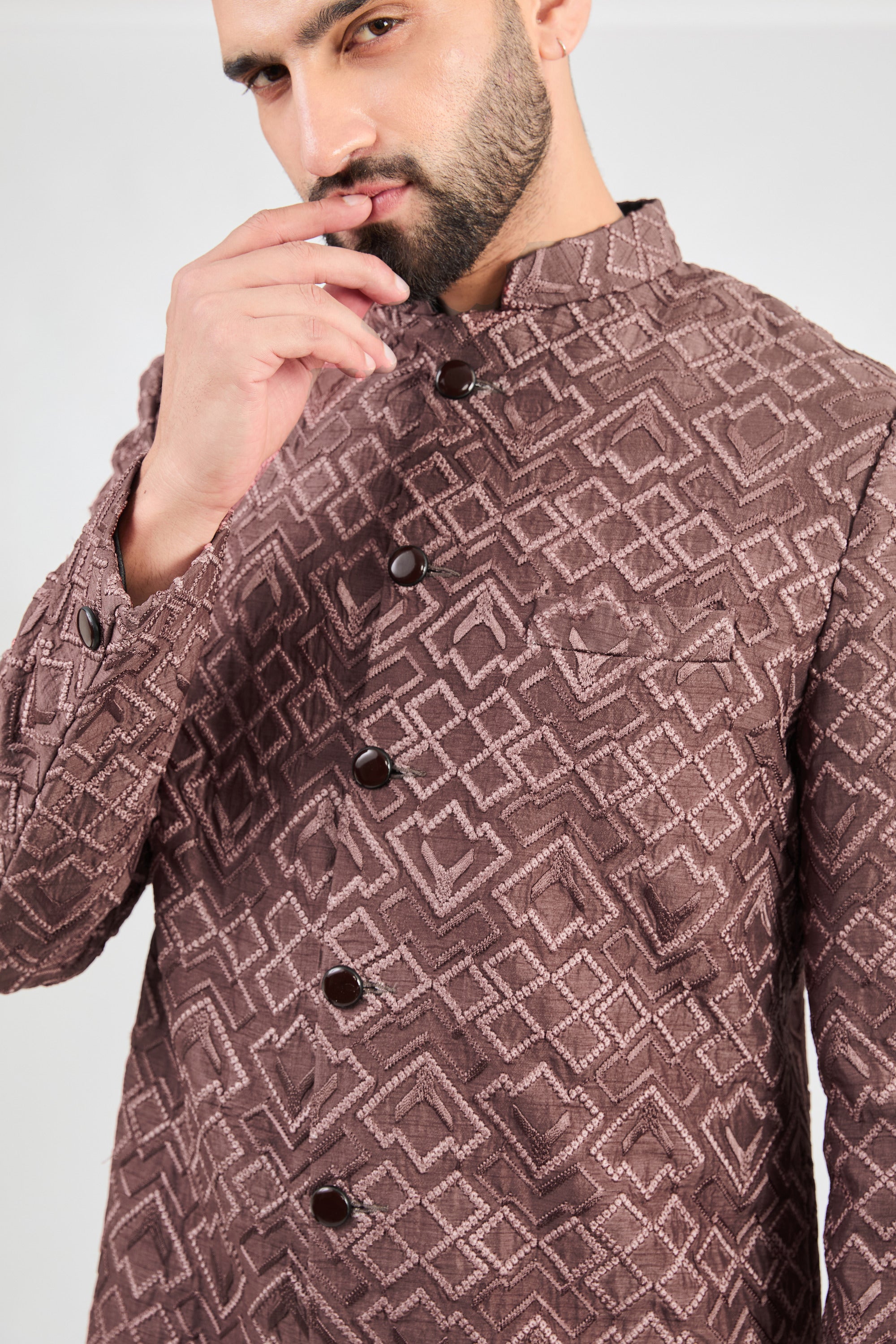 Elegant Mauve Taupe Geometrically Embroidered Sherwani for Men - Perfect for Weddings, Festivals & Special Occasions