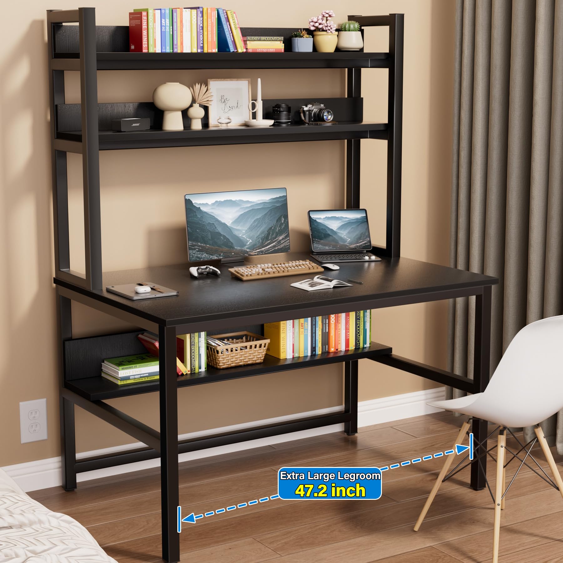 Black Computer Desk with Hutch & Bookshelves - 47