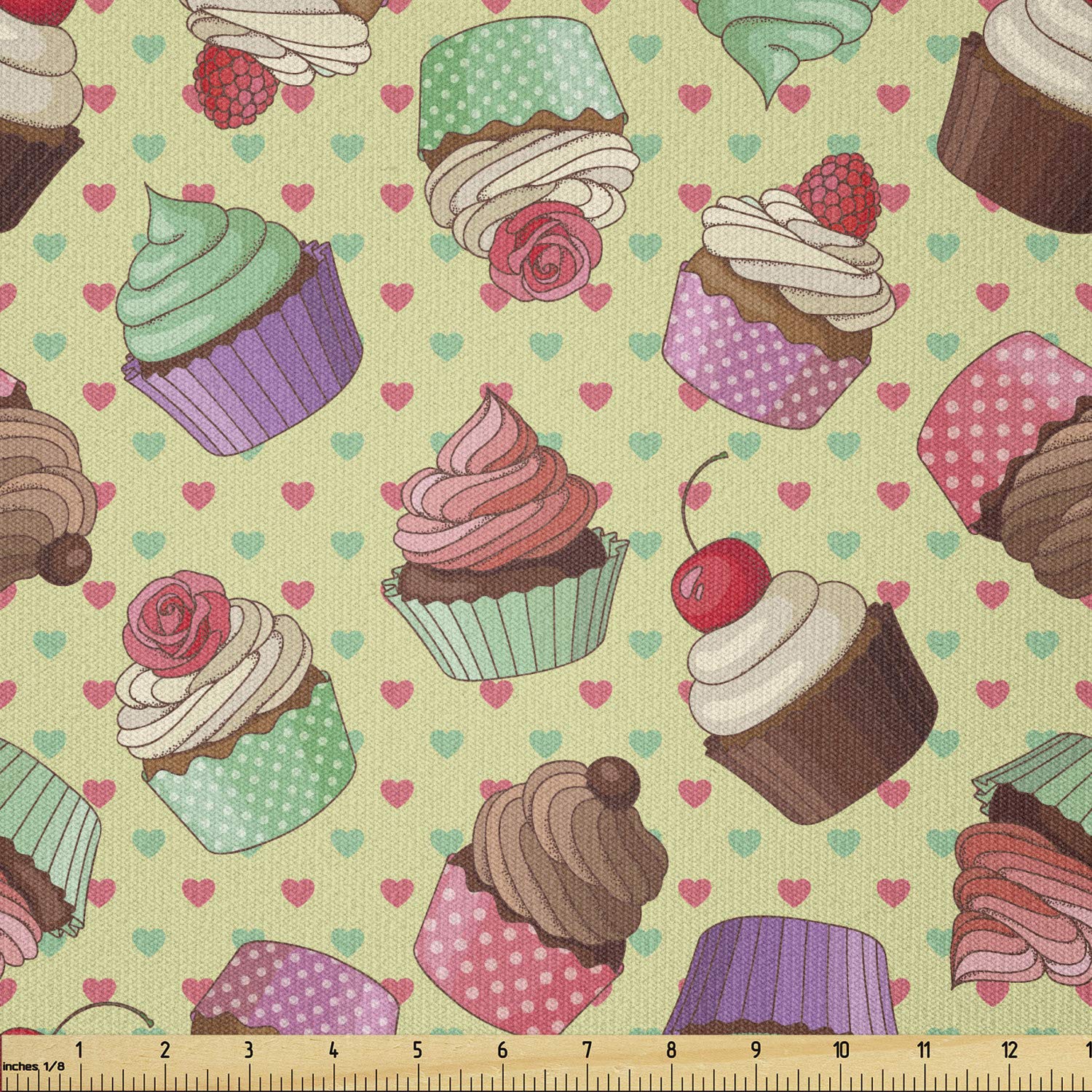 Ambesonne Coffee Fabric by The Yard - Coffee Shop Bakery Inspired Cupcake Pattern with Polka Dot Hearts Backdrop, Stretch Knit Fabric for Clothing, Sewing & DIY Crafts (10 Yards, Multicolor) - Perfect for Aprons, Tote Bags & Home Decor Projects