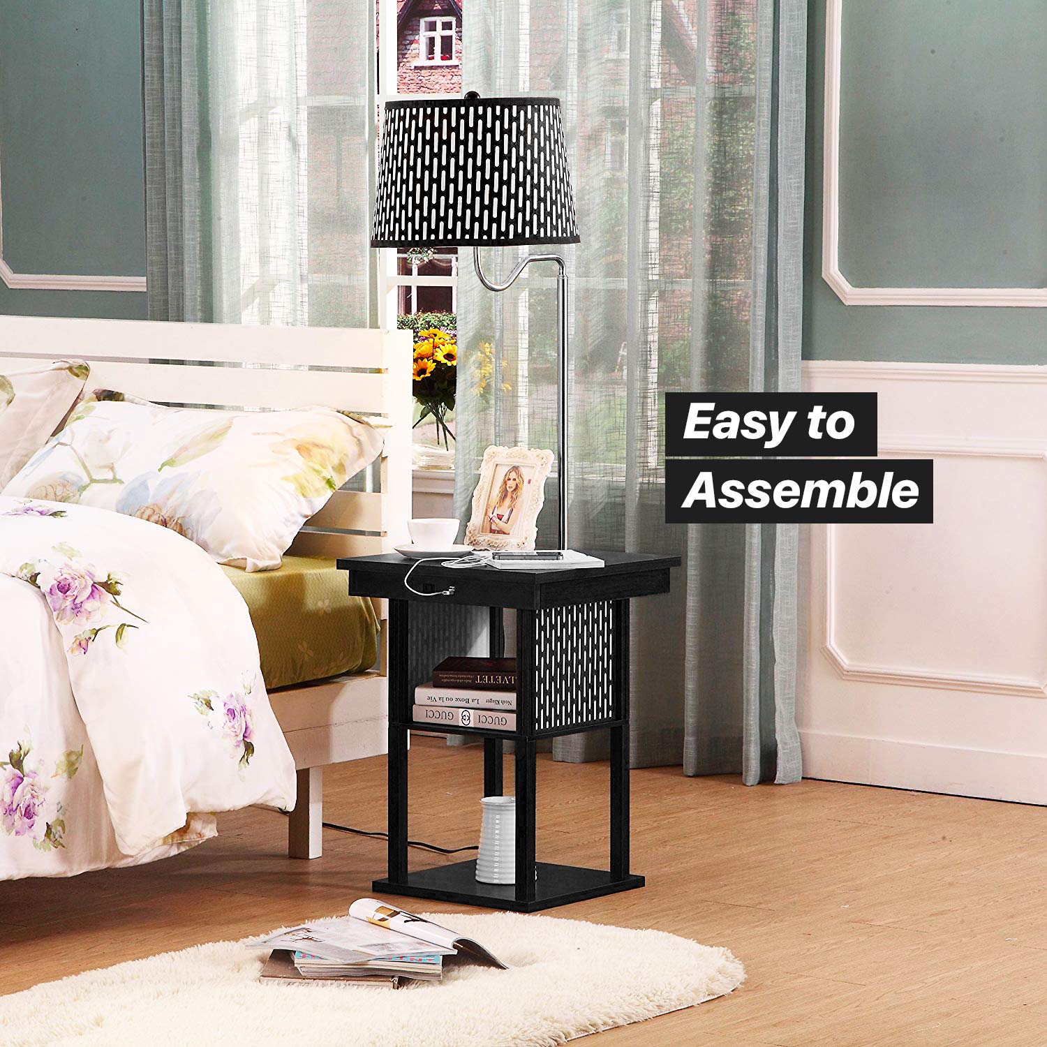 Brightech Madison LED Side Table Lamp with USB Port - Modern Bedside Reading & Desk Lamp, End Table with Floor Light for Bedroom, Living Room, Office - Black | Perfect for Night Reading, Home Office Work & Living Room Decor