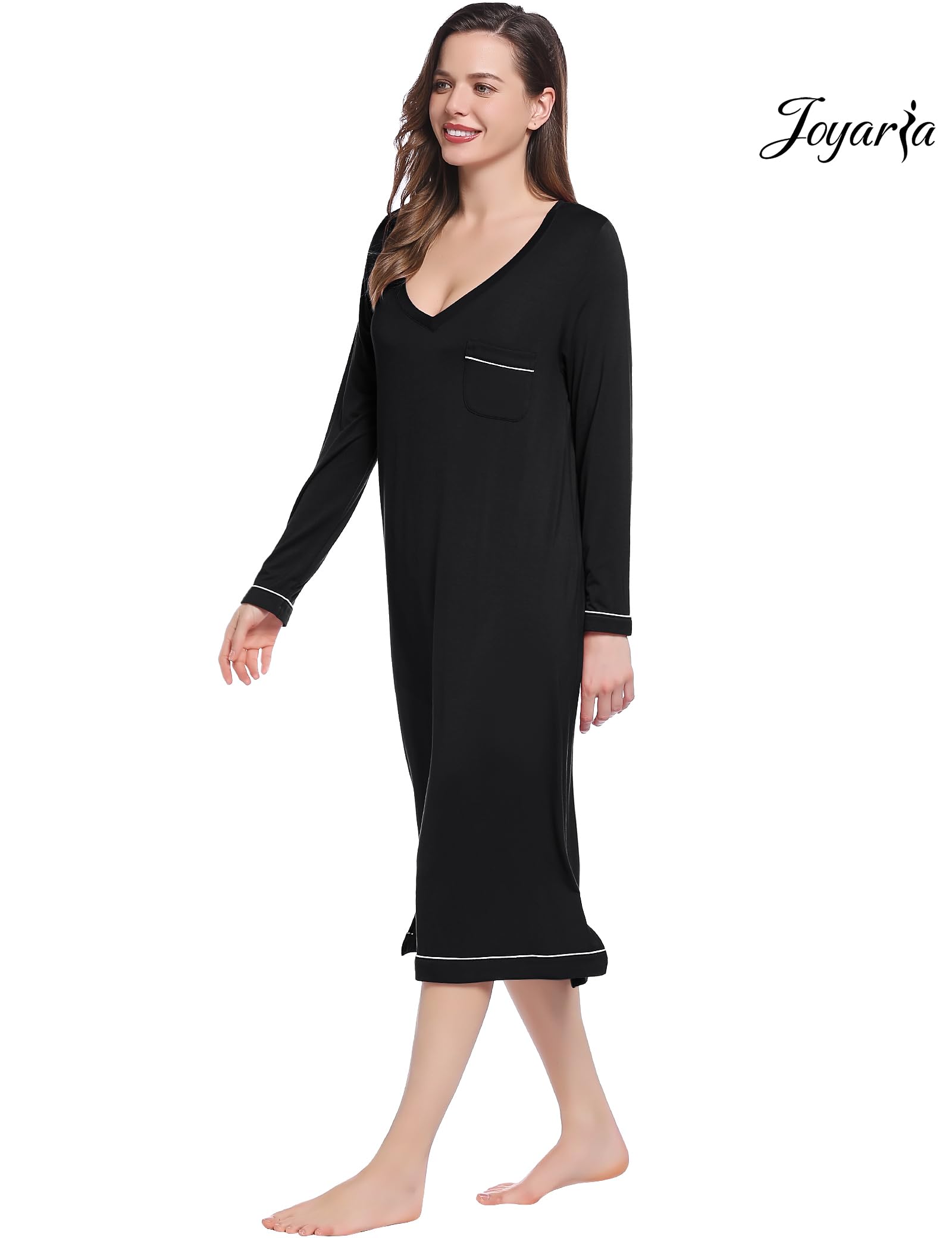 Joyaria Women's Soft Bamboo Viscose Long Sleeve Nightgown - V-Neck Moisture Wicking Sleep Shirt - Comfortable Sleepwear for Women Sizes S-XXL - Perfect for Relaxing at Home, Lounging & Overnight Stays