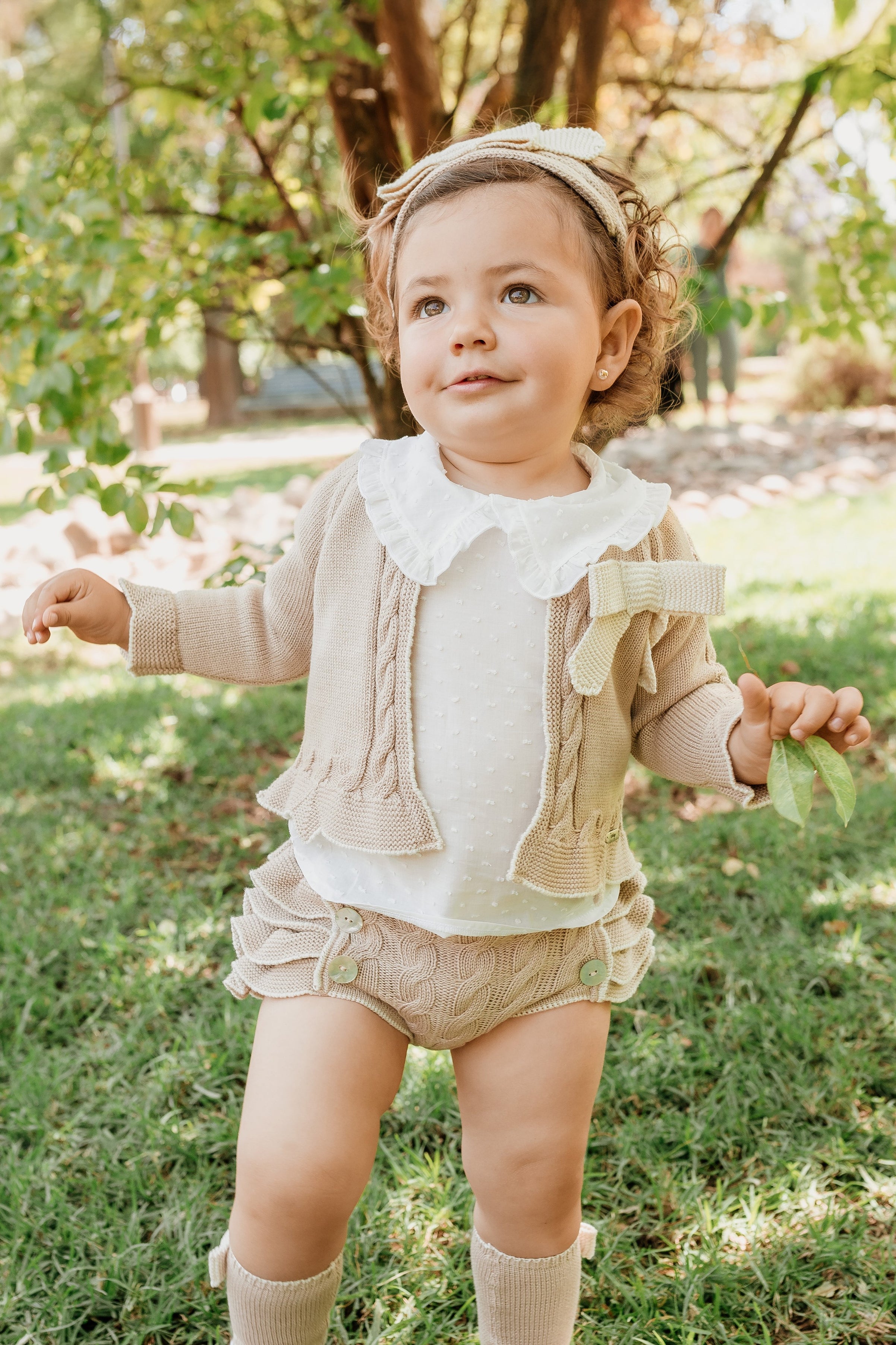 Tilly Camel & Cream Cable Knit Cardigan Set with Blouse & Bloomers - Cozy Winter Outfit for Women, Perfect for Holiday Gatherings & Family Photos