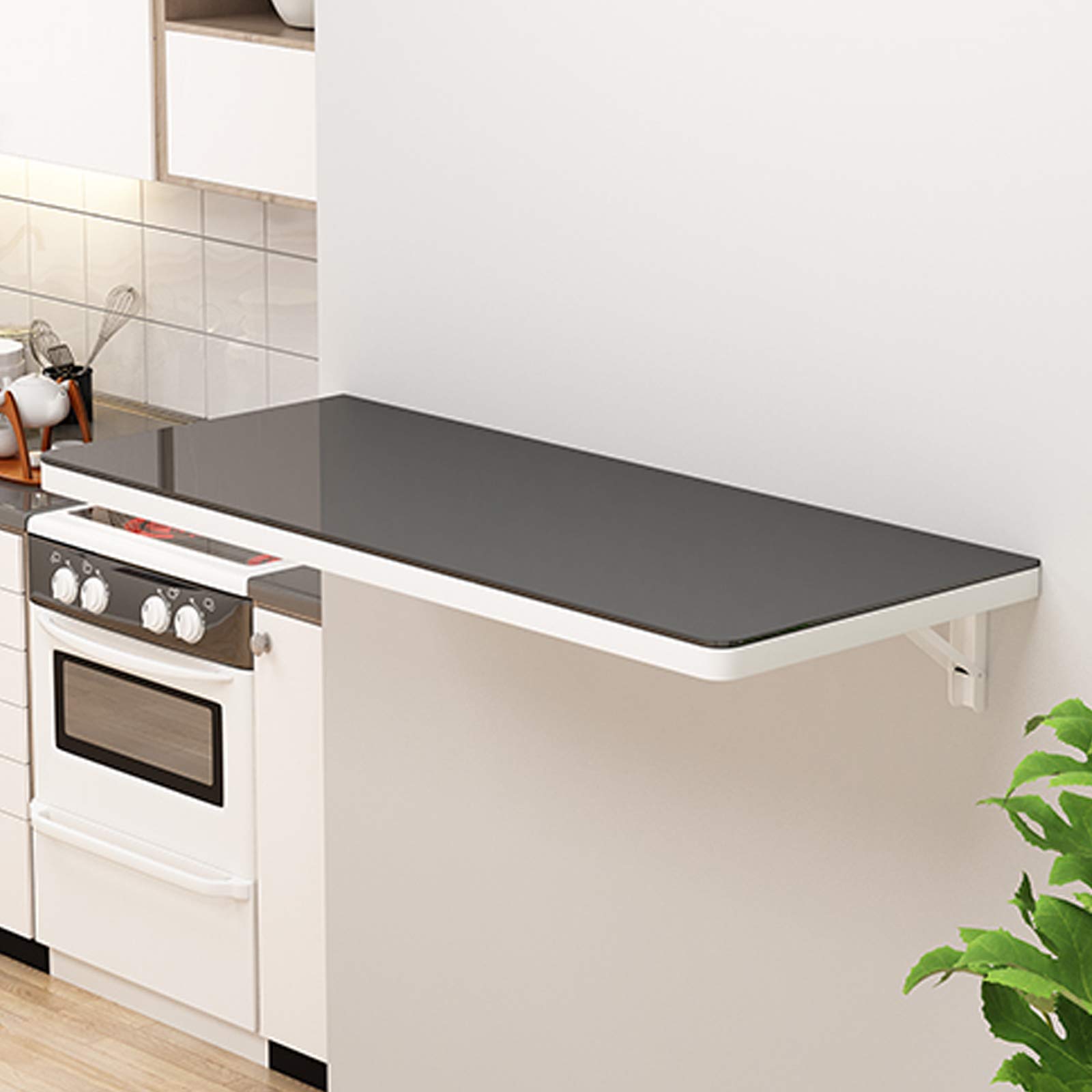 White Marble Pattern Tempered Glass Wall Mounted Folding Table - Drop-Leaf Computer Desk, Kitchen Dining Table & Floating Writing Desk for Home Office, Bar & Small Spaces