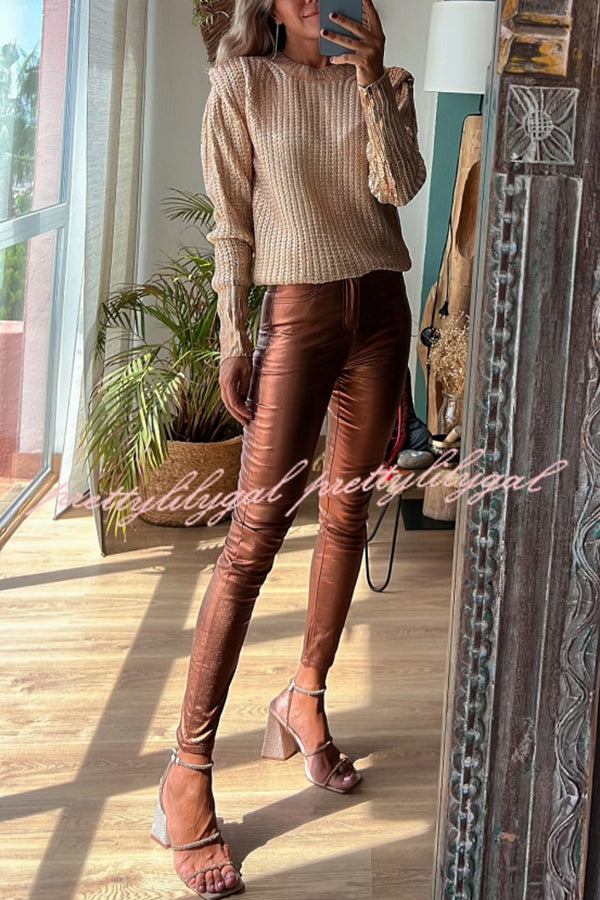 Stylish Metallic Faux Leather Stretch Pants for Women - Trendy High Waist Skinny Pants with Pockets - Perfect for Night Out, Party & Casual Wear