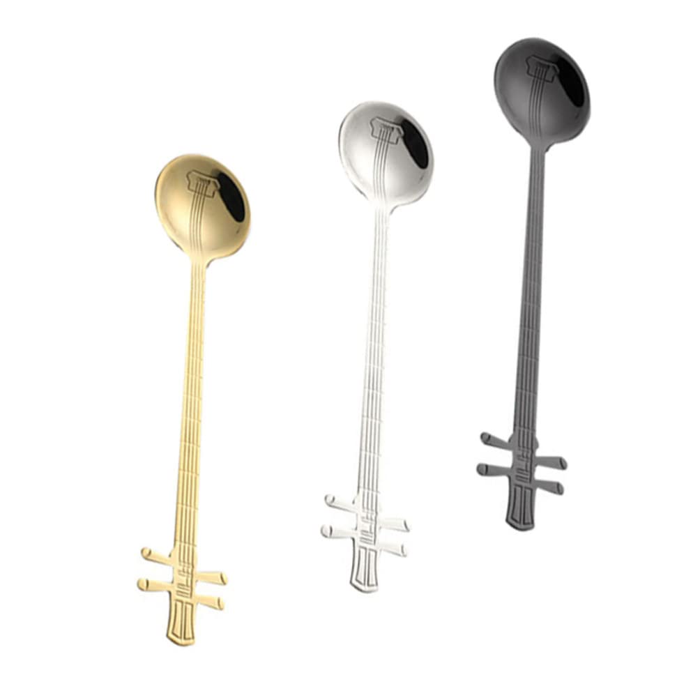 FOMIYES 3-Piece Stainless Steel Guitar Shaped Spoons Set - Black Gold Silver Dessert Spoon for Ice Cream, Milkshake, Coffee, Tea & Sugar - Perfect for Parties, Cafes & Home Dining Decor