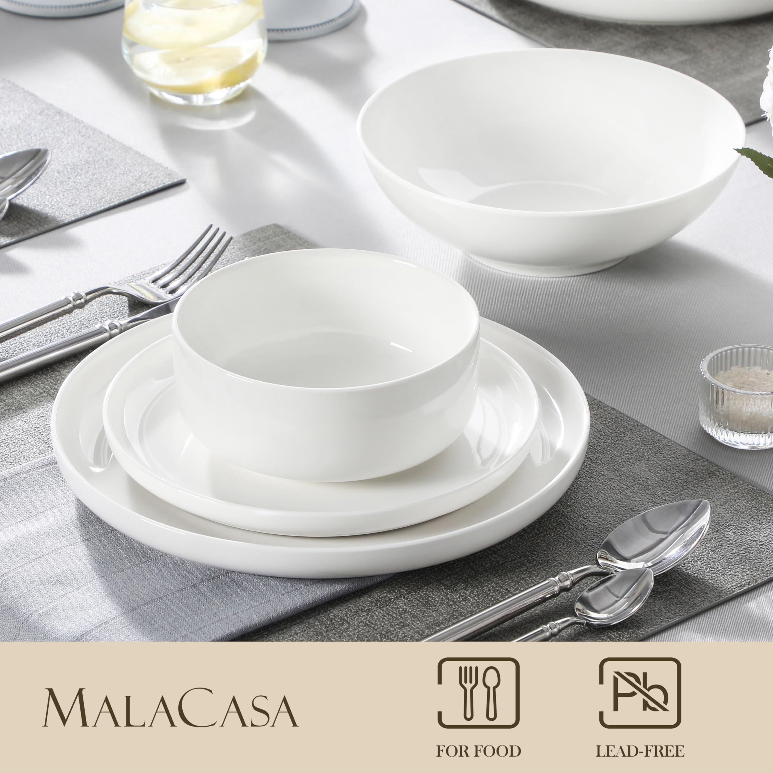 MALACASA 24-Piece Porcelain Dinnerware Set for 6 - Modern White Ceramic Plates & Bowls, Microwave & Dishwasher Safe - LUNA Series - Perfect for Family Dinners, Parties & Everyday Kitchen Use