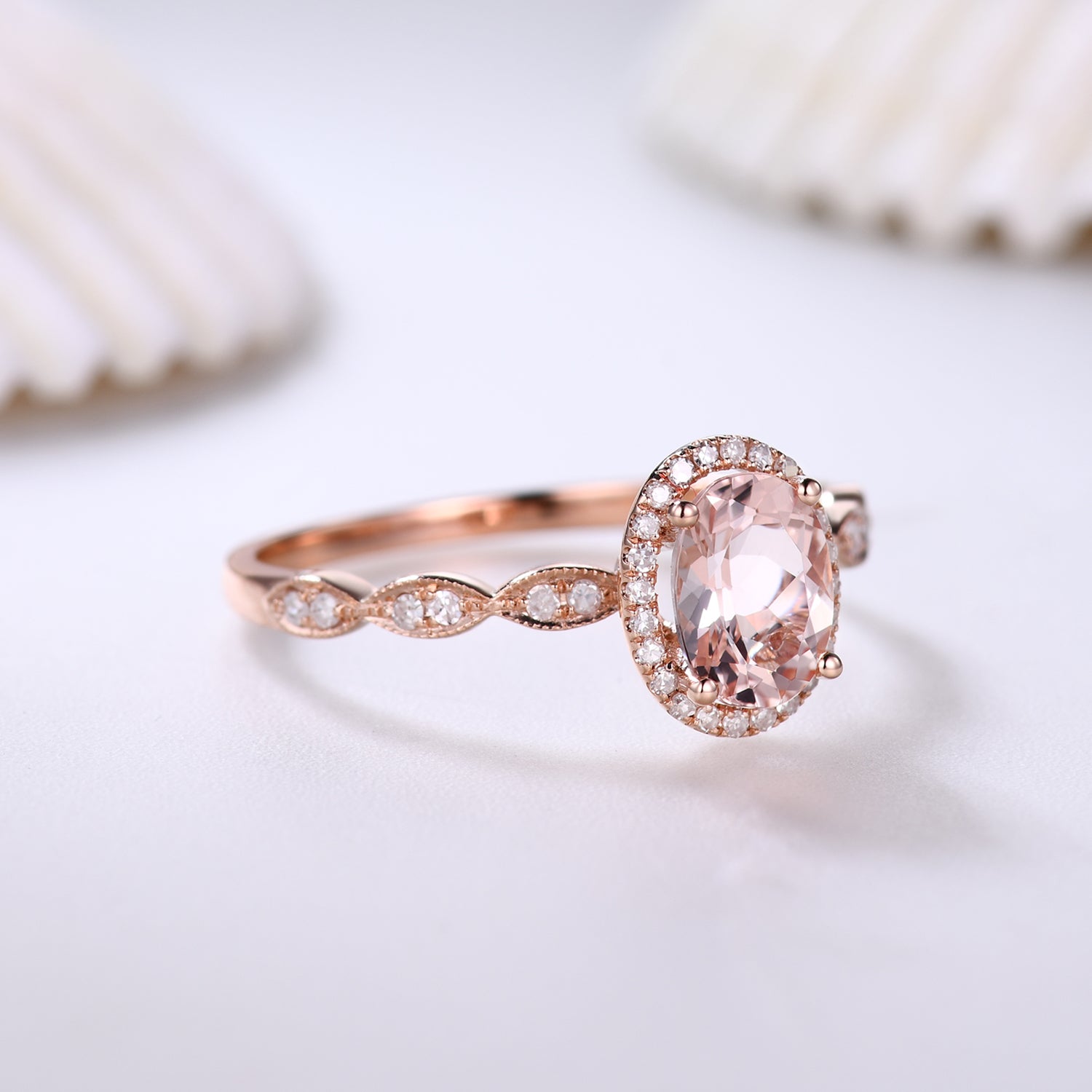 5x7mm Oval Cut Halo Morganite & Diamond Engagement Ring - Vintage Art Deco Style for Wedding, Proposal & Anniversary Gifts