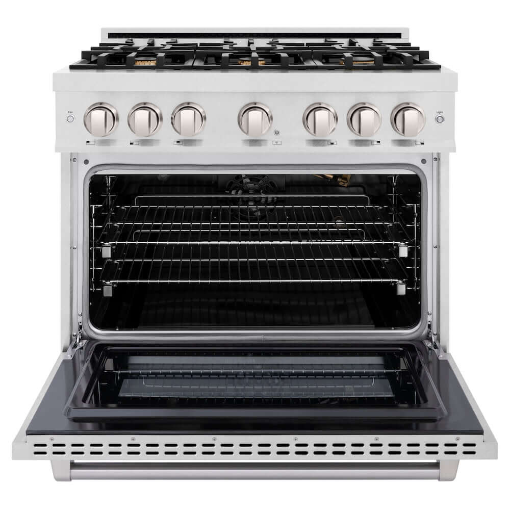 ZLINE 36 Inch 5.2 Cu. Ft. Professional Gas Range with Convection Oven - Satin Stainless Steel Finish & 6 Brass Burners (HGRS BR 36) | Perfect for Home Chefs & Modern Kitchens