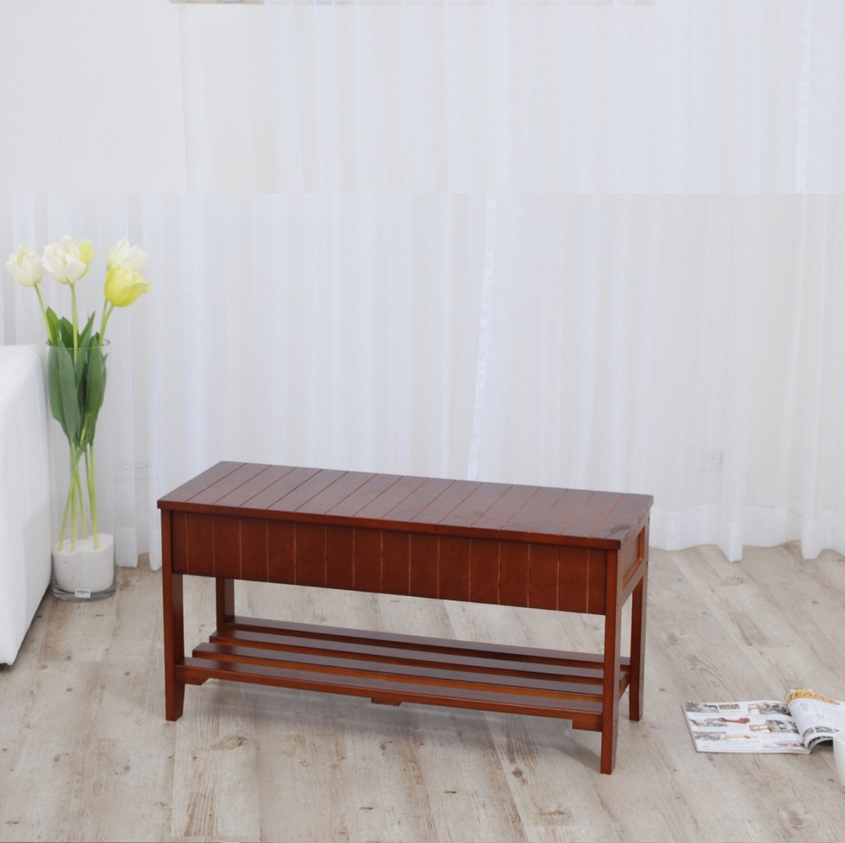Roundhill Furniture Solid Wood Shoe Bench with Storage - Cherry Finish, Entryway Shoe Organizer & Seating for Hallway, Mudroom, or Bedroom