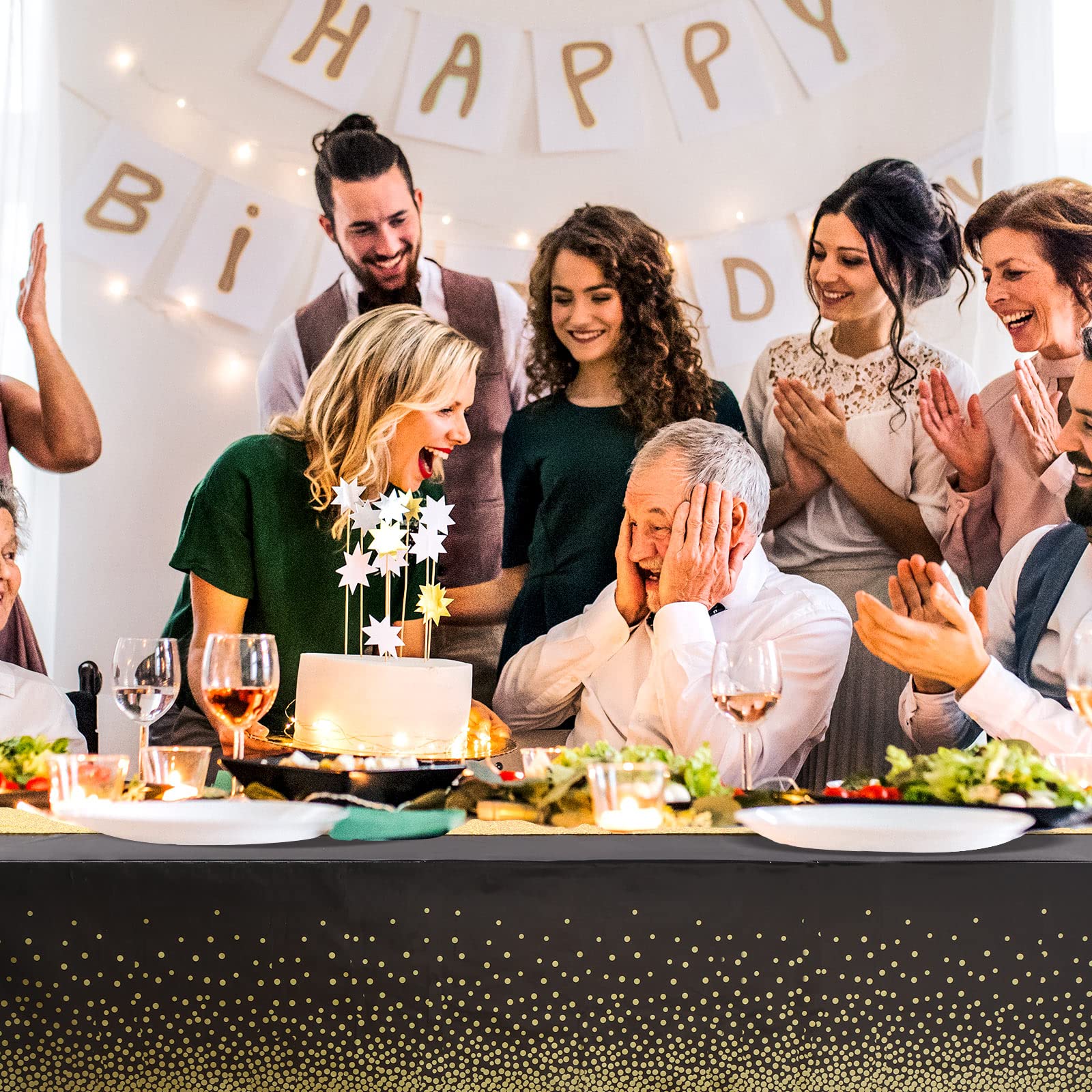 Polka Dot & Sequin Tablecloth Set - 2 Pcs Glitter Plastic Table Cover with Confetti Table Runner for Birthday, Wedding, Anniversary Party Decor (Black & Gold) | Perfect for Dining Tables, Buffets, and Special Event Decorations