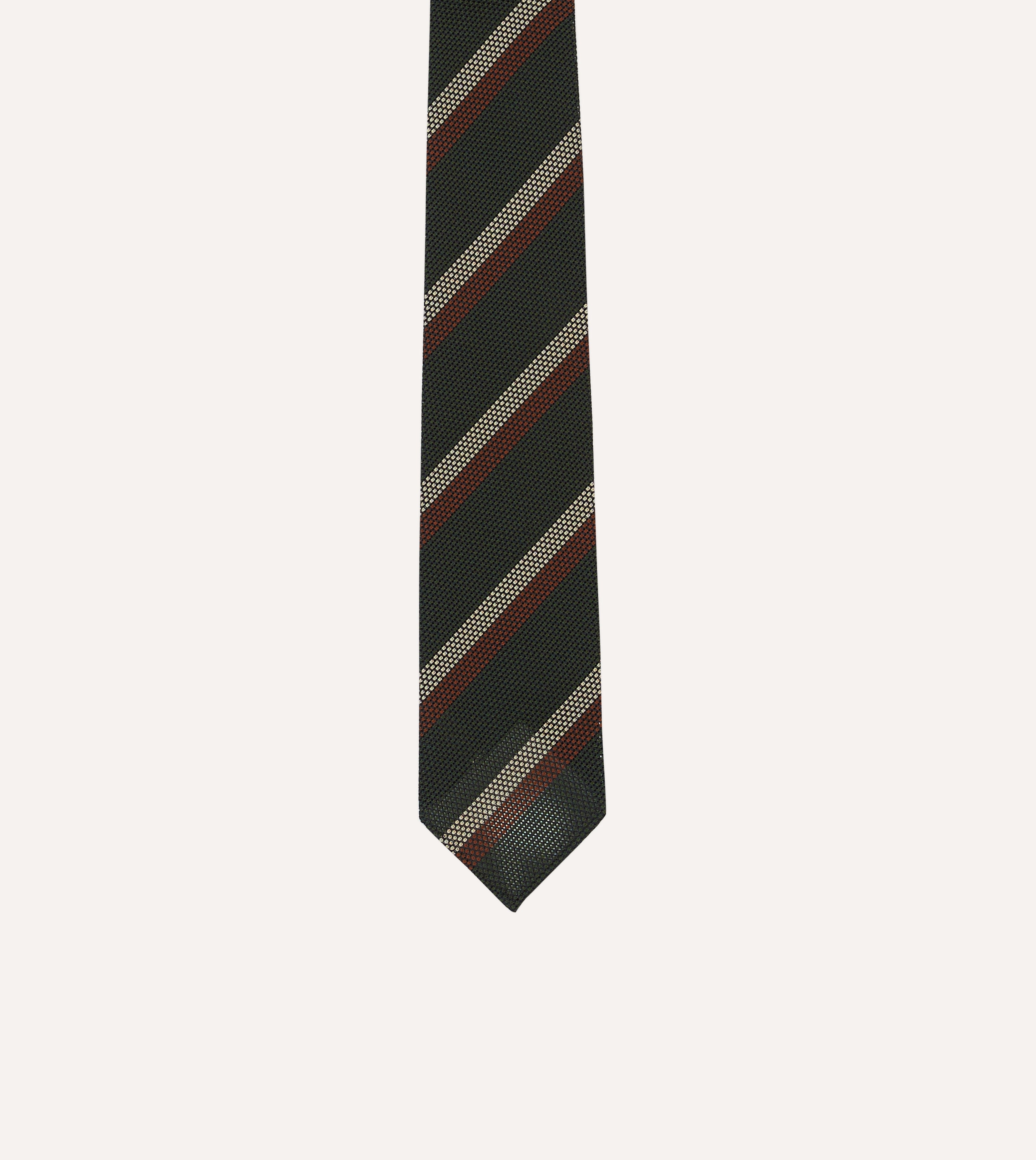 Premium Hand Rolled Silk Grenadine Tie - Green, White & Brown Double Stripe Pattern - Perfect for Business, Weddings & Formal Occasions