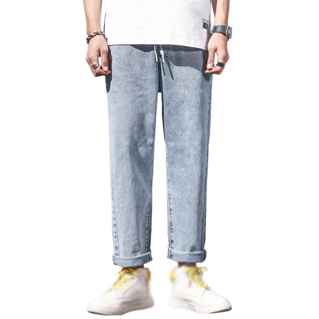 MMLLZEL Men's Loose Fit Jeans - Summer Casual Light Blue Wide Leg Pants with Drawstring Waist | Comfortable & Stylish for Outdoor Activities, Travel, and Daily Wear (Size 32)