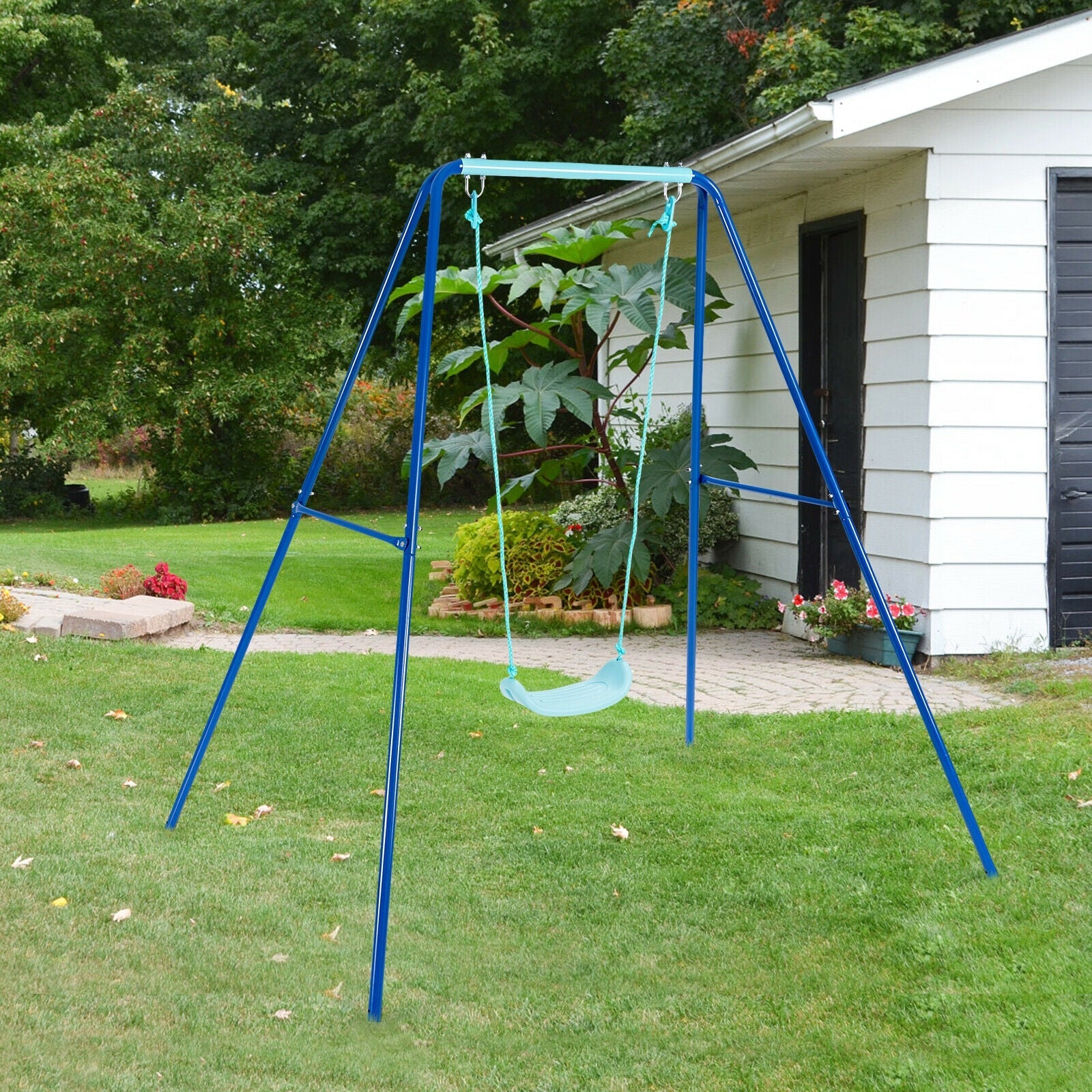 Heavy Duty Outdoor Kids Swing Set with Metal A-Frame & Ground Stakes - Blue | Backyard Playground Equipment for Children's Outdoor Activities