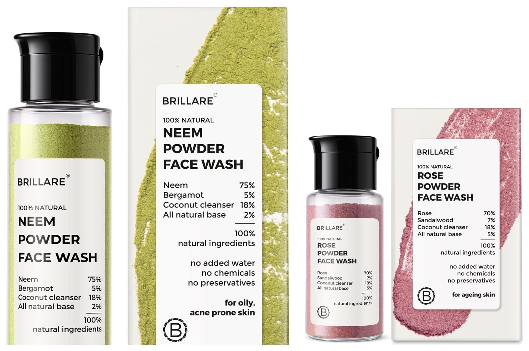 Brillare Neem Face Wash for Acne & Pimples Treatment with Bergamot Oil | Brillare Rose Face Wash Anti-Aging with Sandalwood & Coconut Oil | 30g + 15g Combo Set | Daily Skincare Routine for Clear, Hydrated & Youthful Skin