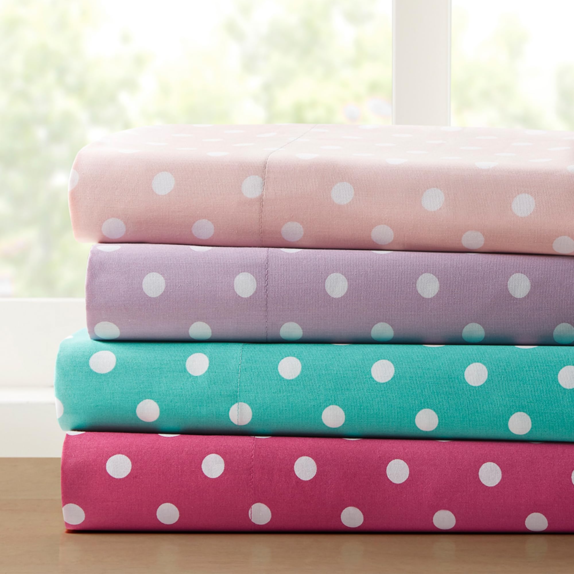 Mi Zone Seafoam Twin Size Sheet Set - 100% Cotton Percale Soft Bedding for Kids & Girls, Polka Dot Design - Includes Flat Sheet, Fitted Sheet (Fits 14