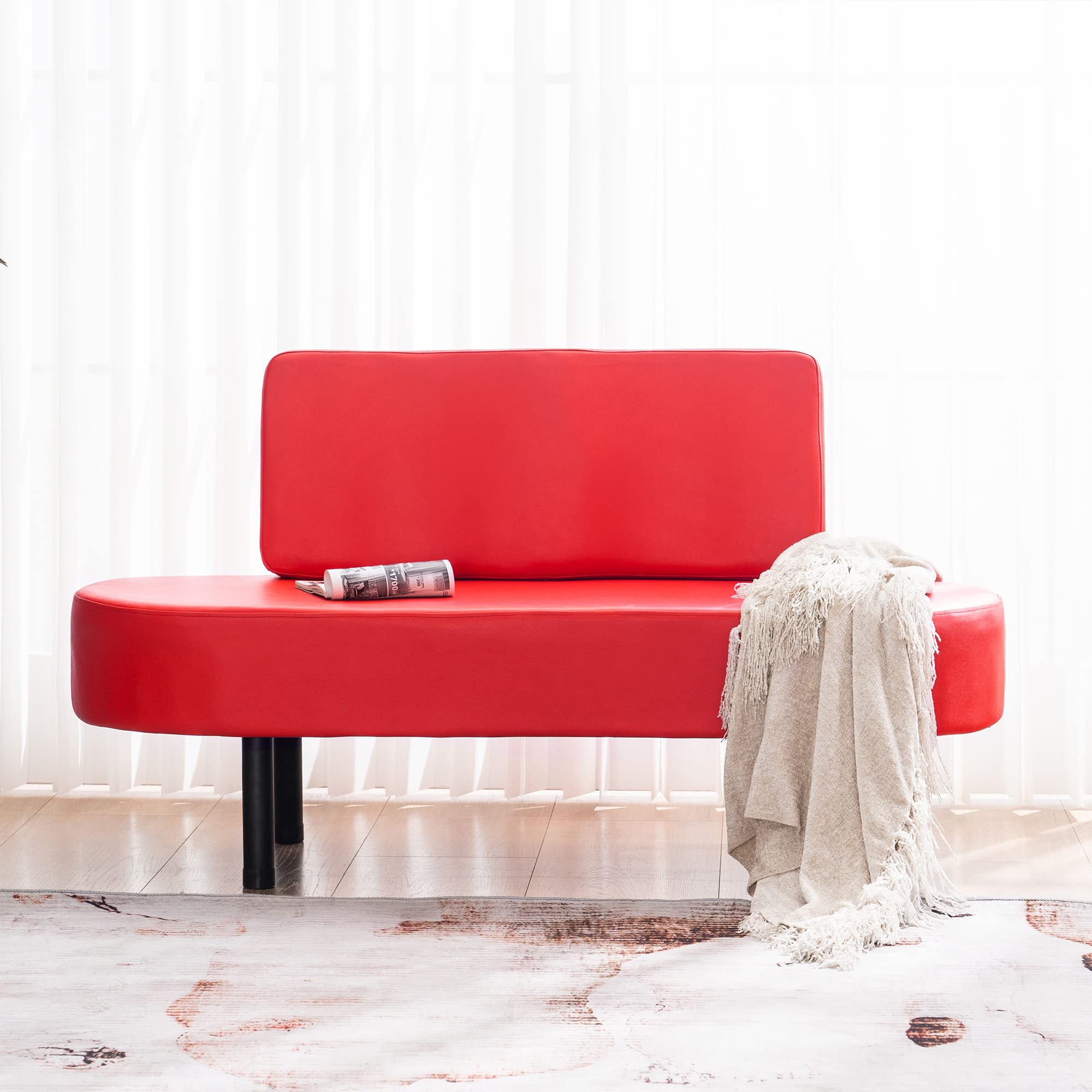 BarberPub Waiting Room Chairs - Leather Upholstered Reception Settee Bench with Backrest, Salon & Office Furniture W702 (Red) - Perfect for Barber Shops, Salons, Waiting Areas & Dining Spaces