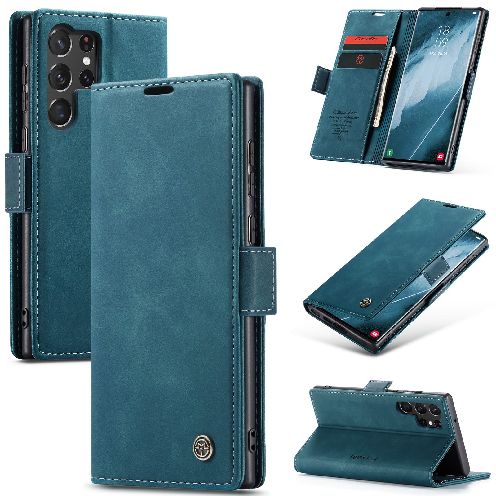 Premium PU Leather Wallet Case for Samsung Galaxy S22 Ultra 5G - Vintage Matte Flip Cover with Card Slots & Magnetic Closure | Stand Function, Shockproof Protection (Blue) | Perfect for Business, Travel & Everyday Use