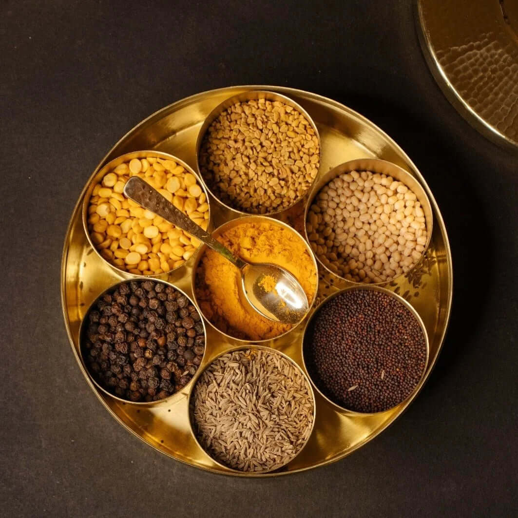 Premium Traditional Brass Spice Box (Masala Dabba) - Authentic Indian Spice Storage Container for Kitchen, Cooking & Ayurvedic Herbs - Perfect for Home Chefs & Spice Lovers