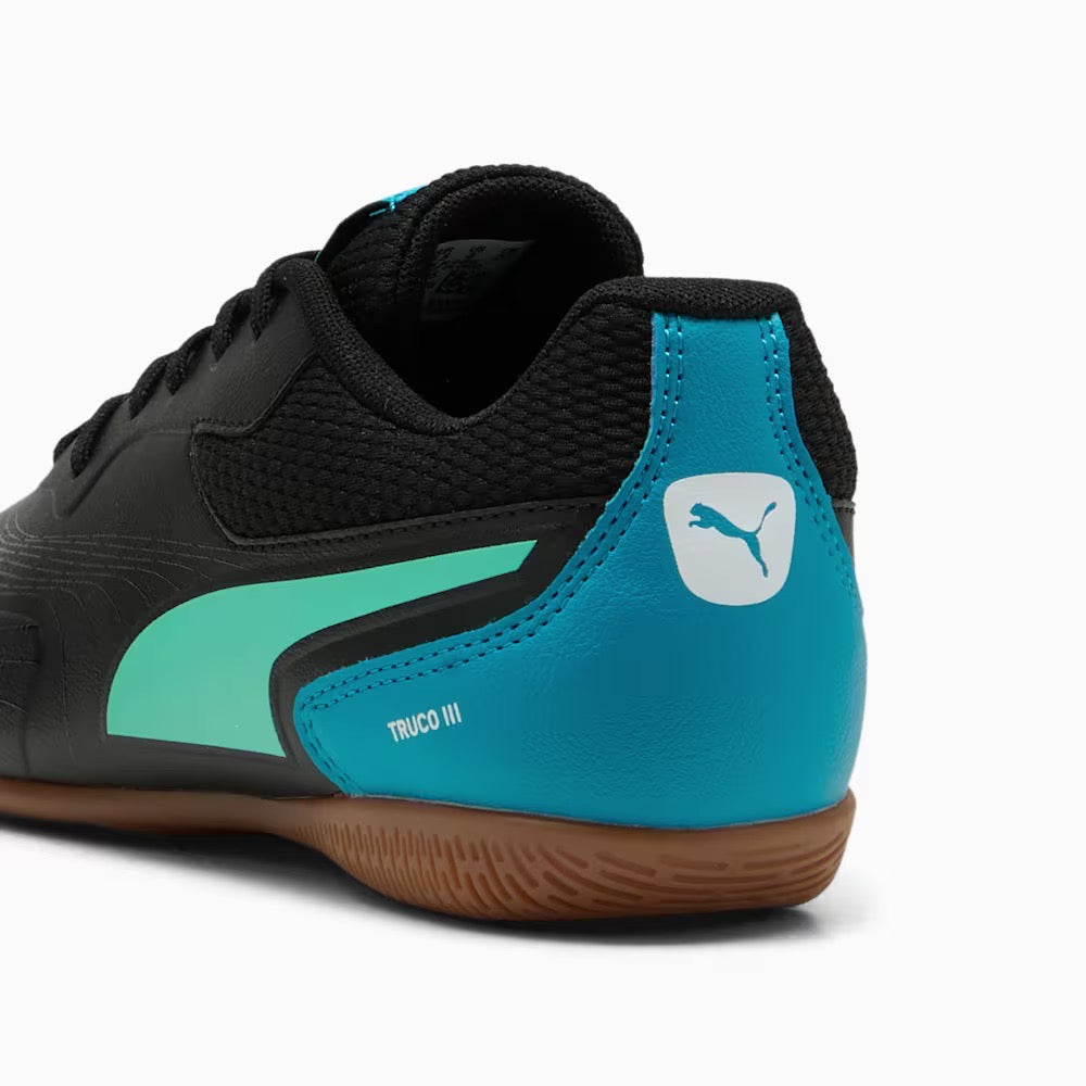 Puma Truco III Junior Indoor Soccer Shoes for Kids - Black, Aquatic, Tropical Blue, White | Perfect for Indoor Football Training & Games