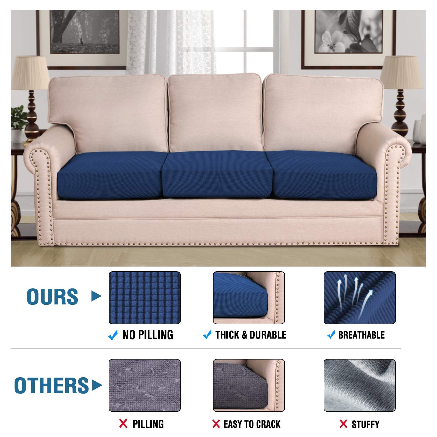 H.VERSAILTEX Super Stretch Sofa Cushion Covers Set - 3 Piece Jacquard Textured Twill Slipcovers, Navy Blue - Perfect for Living Room, Sectional, Recliner & Home Decor Protection