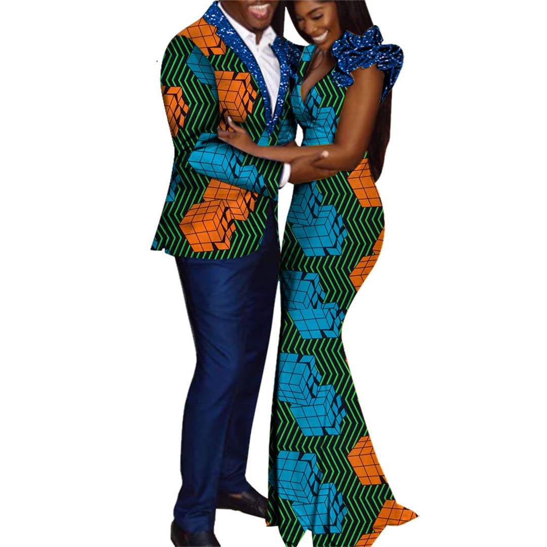 African Couple Dashiki Outfits for Lovers - Matching Men's Tops & Pants + Women's Dress Set - Traditional Ankara Print Cotton Clothing for Valentine's Day, Anniversary, Wedding, or Cultural Events