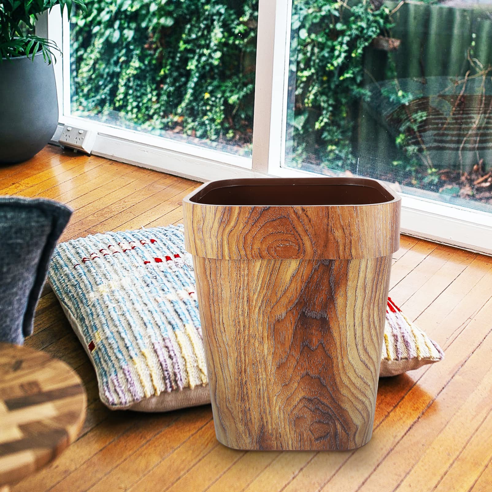 13 Gallon Wood Grain Trash Can - Lidless Waste Basket for Kitchen, Bathroom & Office - Eco-Friendly Wood Look Garbage Bin (11.99x9.43x9.43 Inches) - Perfect for Home, Office & Commercial Spaces