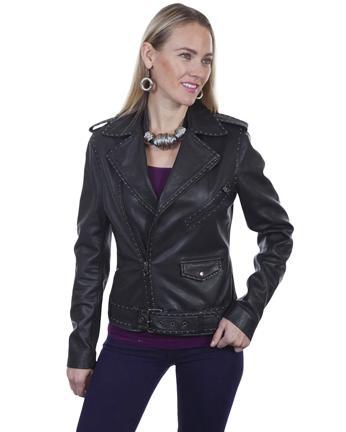 Scully Women's Black Leather Moto Jacket with Studs - Stylish Biker Jacket for Women, Perfect for Riding, Night Out & Casual Wear